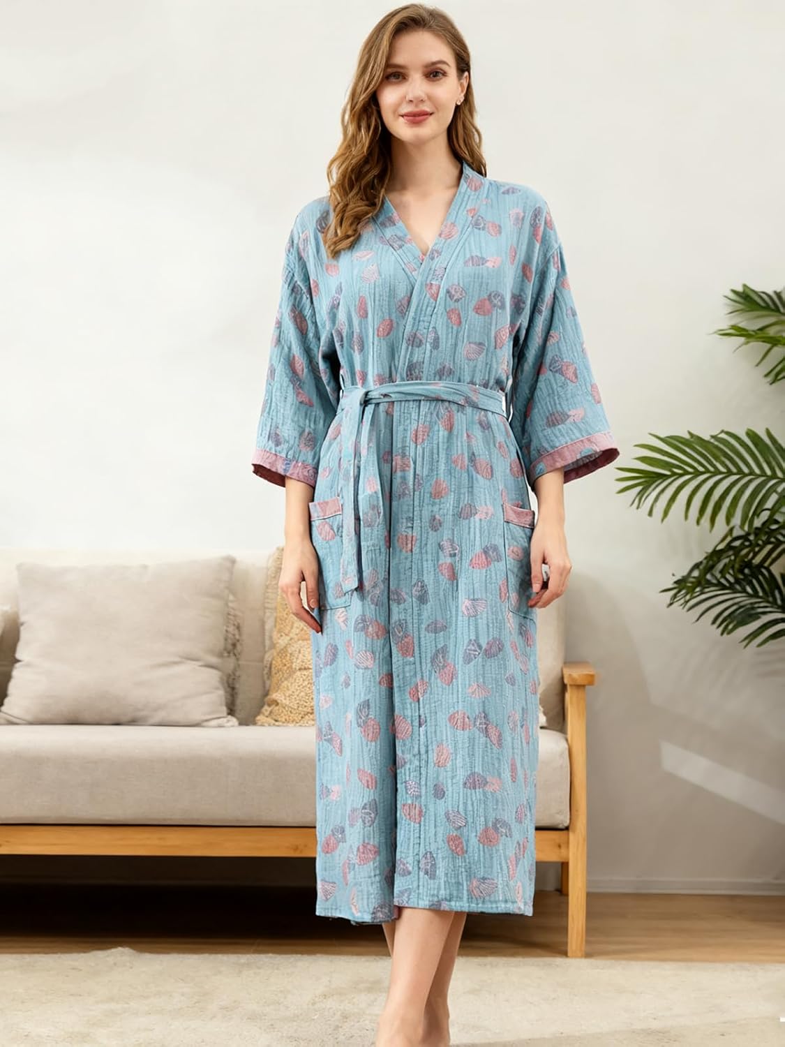 Women Cotton Double Gauze Jacquard Kimono Robe Bathrobe with Belt Pocket Comfortable Loungewear Yukata Sleepwear