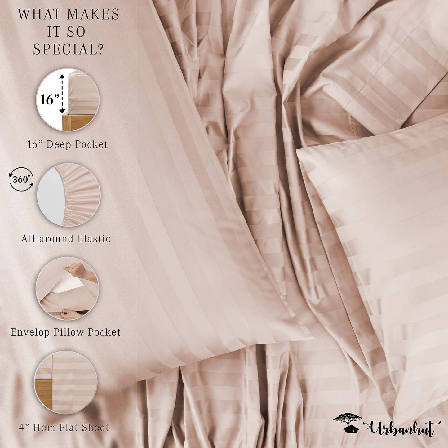 URBANHUT 1000 Thread Count Damask Striped Queen Size Egyptian Cotton Sheets, Long Staple Soft & Breathable, 4 Pc Bed Sheet Sets, Luxury Hotel Sateen Sheets Fits 16" Deep Pocket - Blush Pink