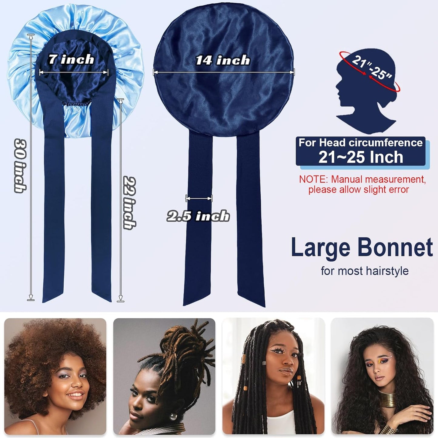 Double Layered Silk Satin Bonnet with Tie for Sleeping Black Women, Wide Band Large Hair Wrap Sleep Cap for Curly Hair Braid