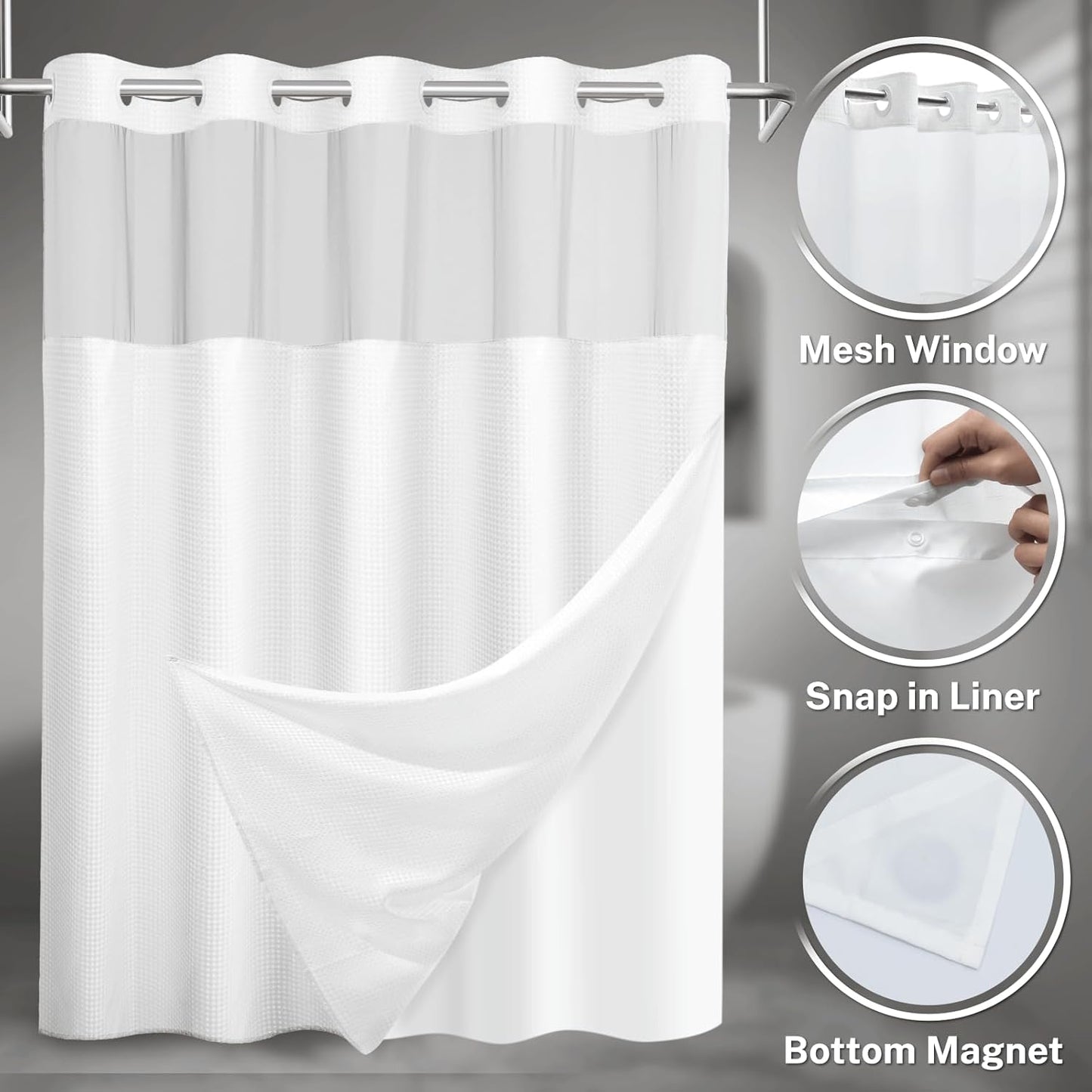 No Hook Shower Curtain with Snap in Liner Set Waffle Shower Curtain for Bathroom Hotel Style Fabric Waterproof Inner Liner，60" W x 74" H, White
