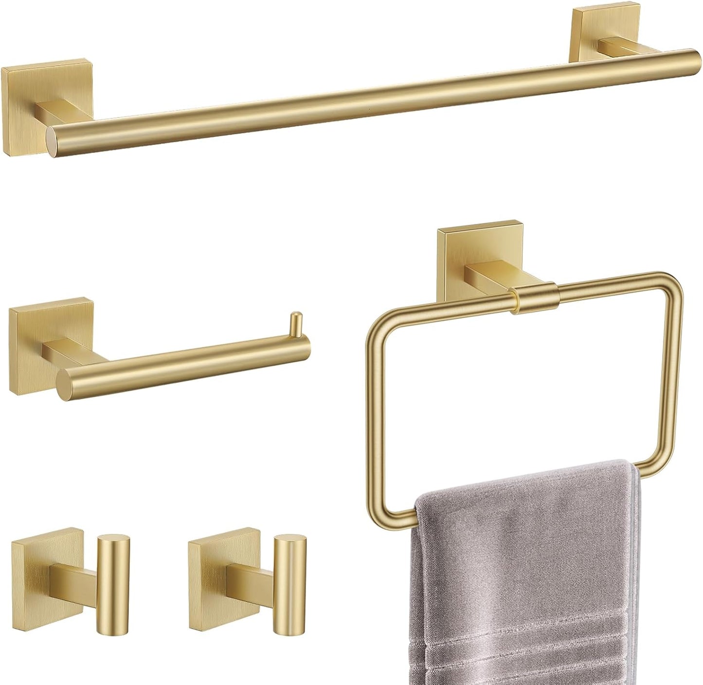 TNOMS Gold Towel Bar Set 5-Piece Brushed Gold Bathroom Hardware Accessories Set Include 23.6in Towel Bar Toilet Paper Holder Towel Ring Towel Hooks,Stainless Steel Towel Holder Set Wall-Mounted