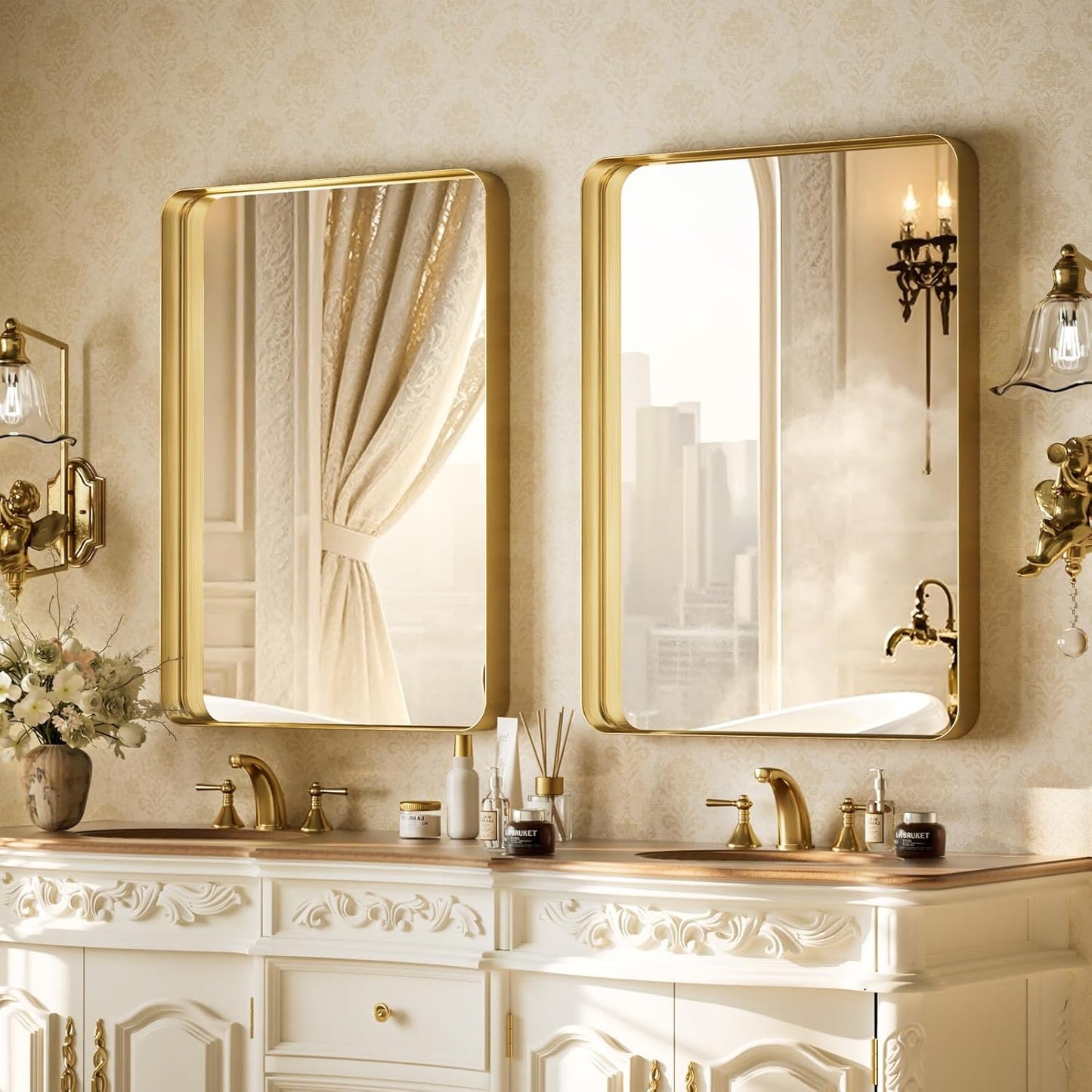 VooBang Bathroom Mirror 24x32 inch, Gold Gorgeous Deep Frame Wall Mirror, Modern Round Corner Bathroom Vanity Mirror for Bedroom, Living Room, Hanging or Leaning Horizontal or Vertical, Gold