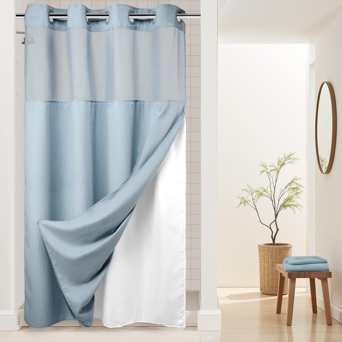 River Dream Heavyweight No Hooks Required Dotted Waffle Weave Shower Curtain with Snap in Liner -Stall 54W x 80H,Hotel Grade,Spa Like Bath Curtain,Blue