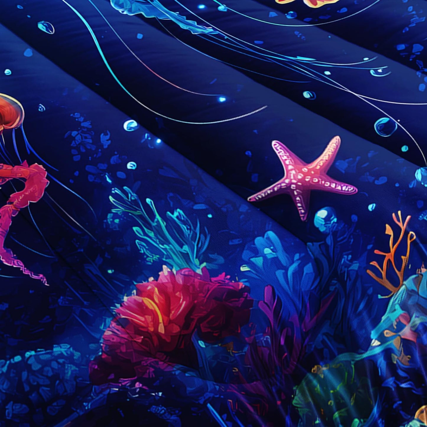 Fantasy Jellyfish Comforter Full Bedding Sets for Girls Kids Toddlers,Coral Starfish Ocean Theme Bedroom Decor,Blue Underwater World Bedding Sets with 2 Pillowcases.