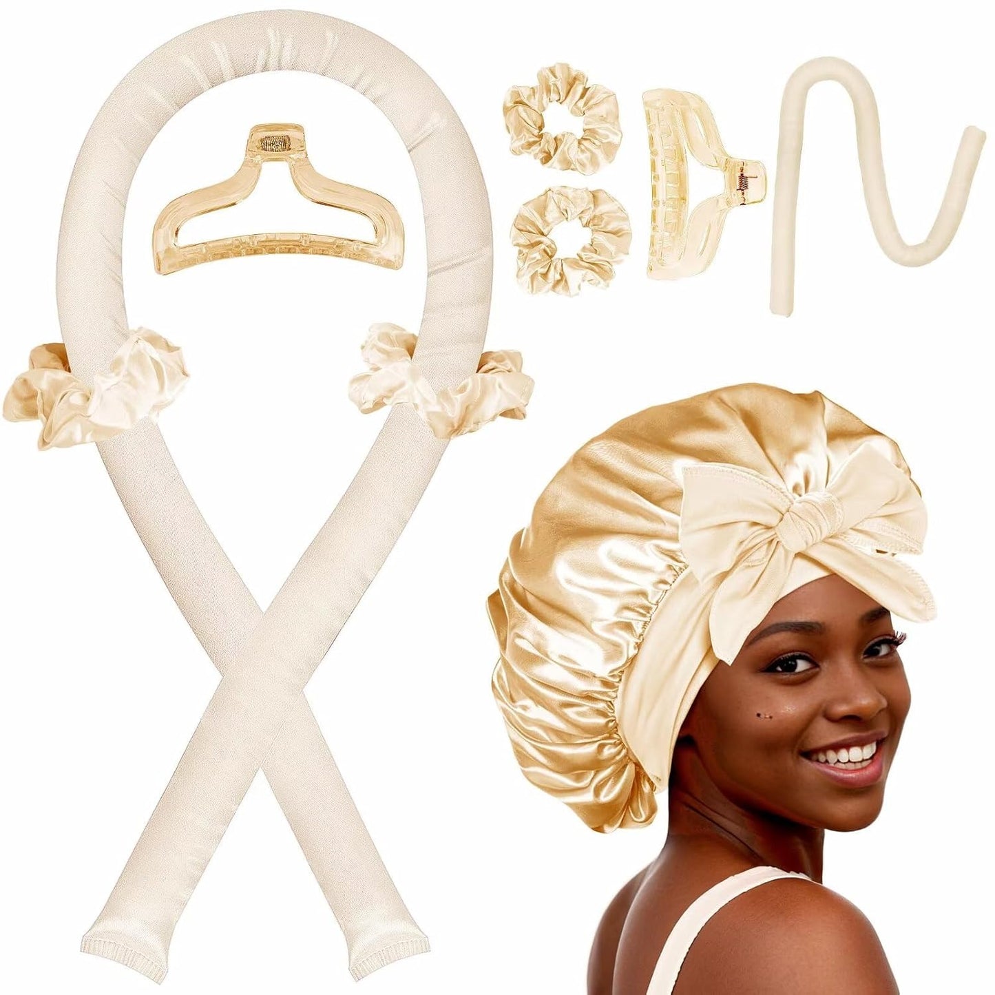 Heatless Hair Curler,Blowout Heatless Curls Overnight,No Heat Curling Rod Set with Satin Bonnet for Sleep in,Champagne
