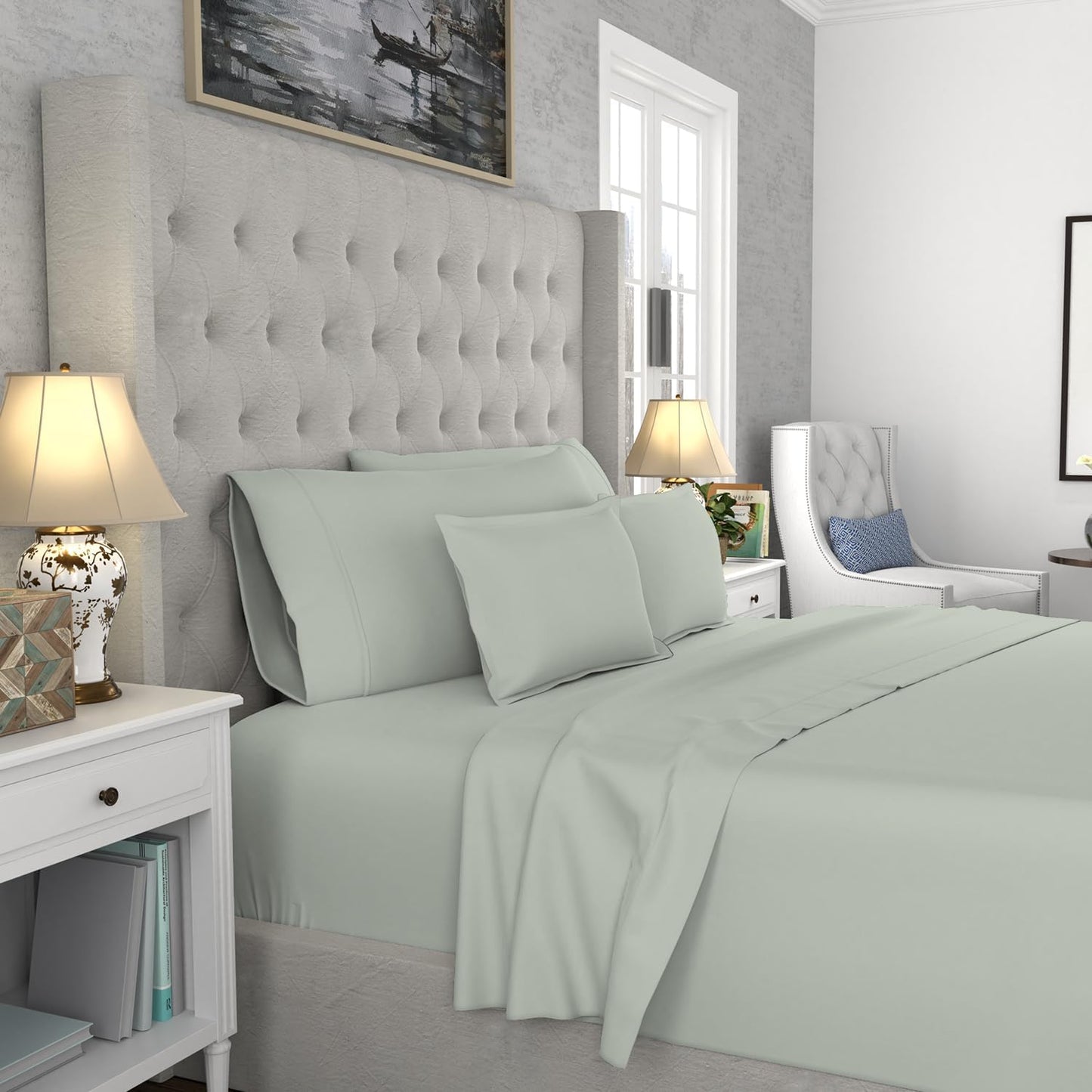 SUPREME ELEGANCE 1200 Thread Count Light Green Bed Sheets Set King Size, Ultra Soft & Silky Cotton Rich Easy Care, Sateen Sheets, Moisture Wicking & Wrinkle Resistant, Sheet Set