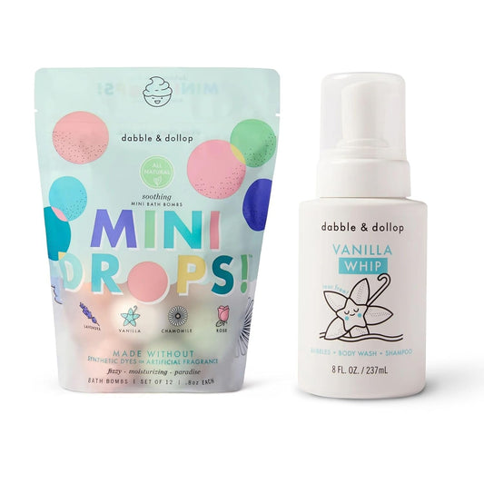 Dabble & Dollop Soothing Mini Bath Bombs & Vanilla Shampoo, Body Wash and Bubble Bath for Kids - All Natural, Resealable Pouch, Foaming Whip, Vegan, Gluten-Free, Cruelty-Free (Pack of 2)