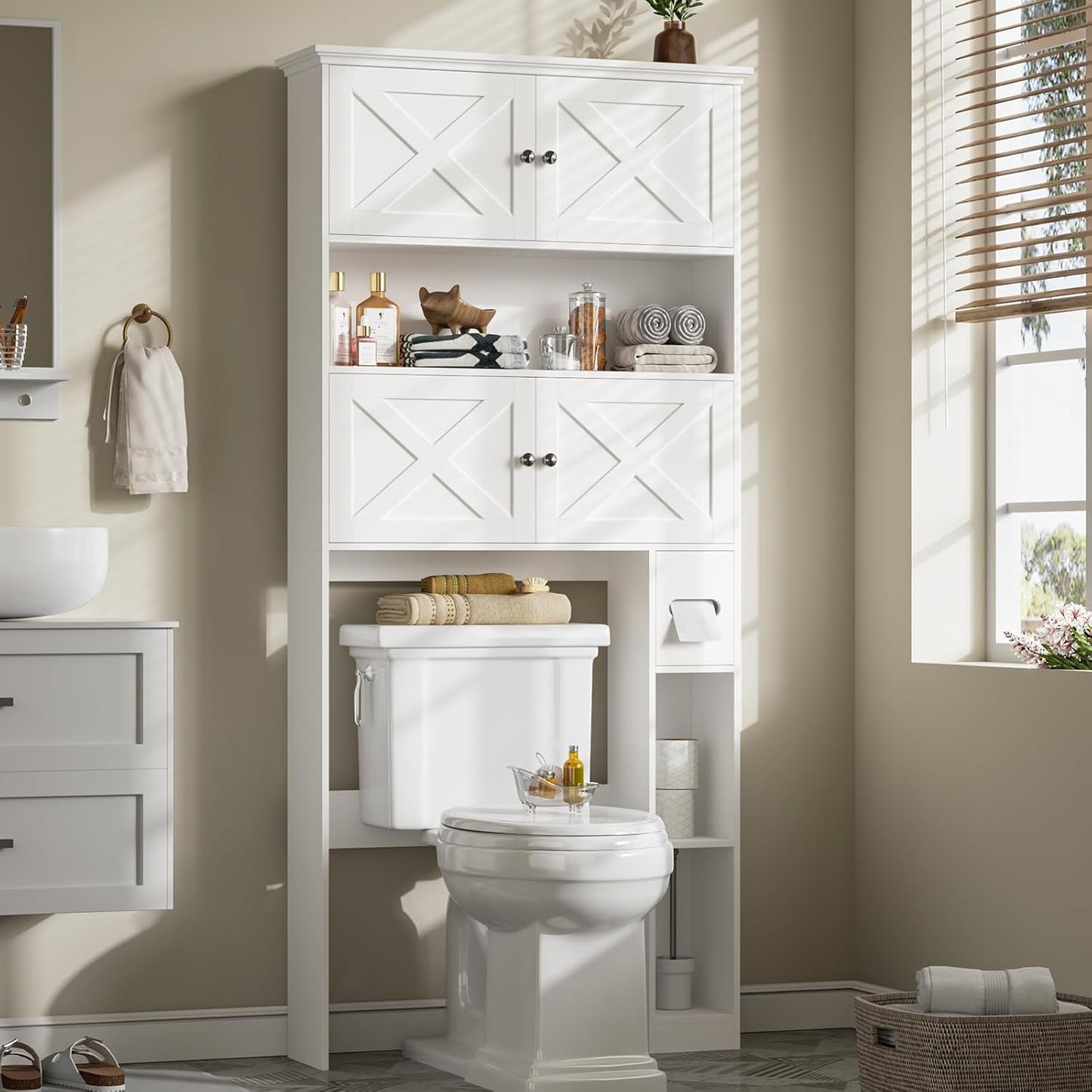 Over The Toilet Storage Cabinet, Farmhouse Storage Cabinet Over Toilet with 4 Barn Doors & Toilet Paper Holder Stand, White Toilet Shelf Home Space Saver for Restroom, Bathroom, Laundry