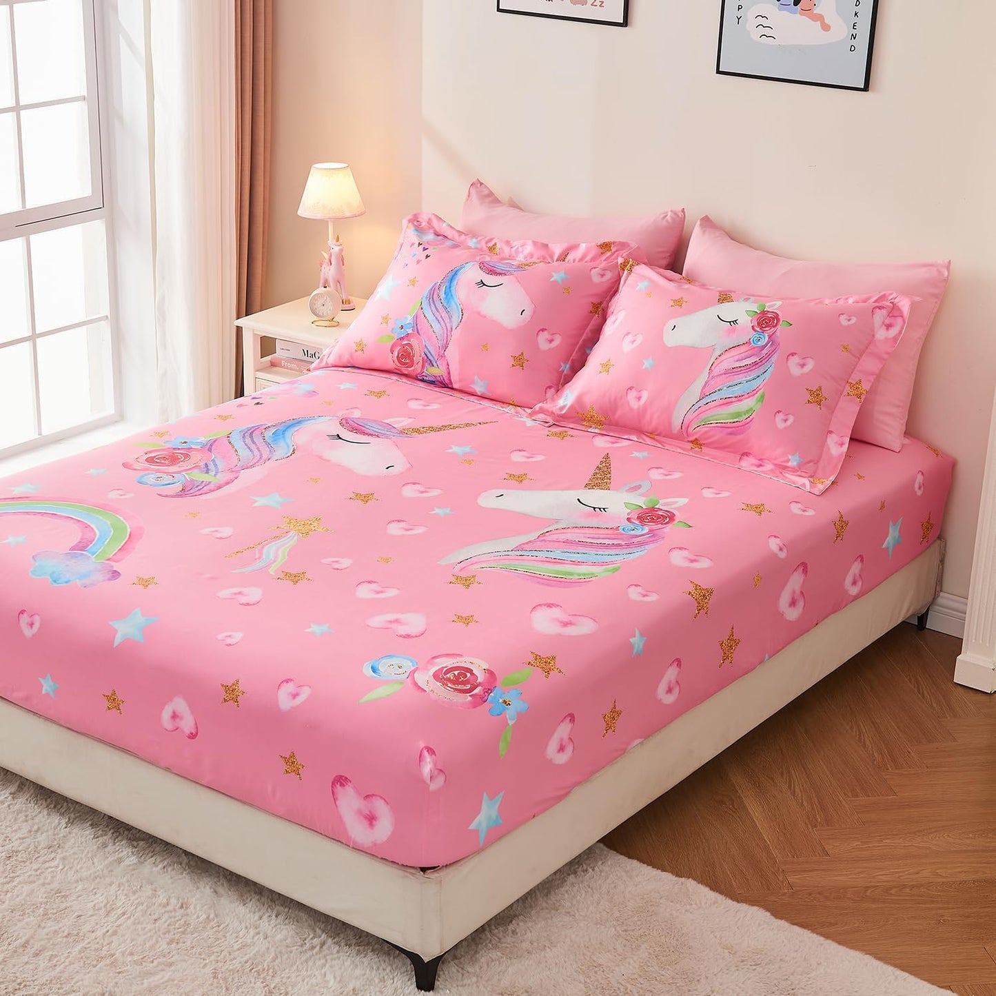 Wajade Pink Unicorn Comforter Set for Girls 7 Piece Cute Cartoon Bedding Set for Kids Queen Size as Birthday Gift with Comforter, Sheet Set, Pillowcase and Sham