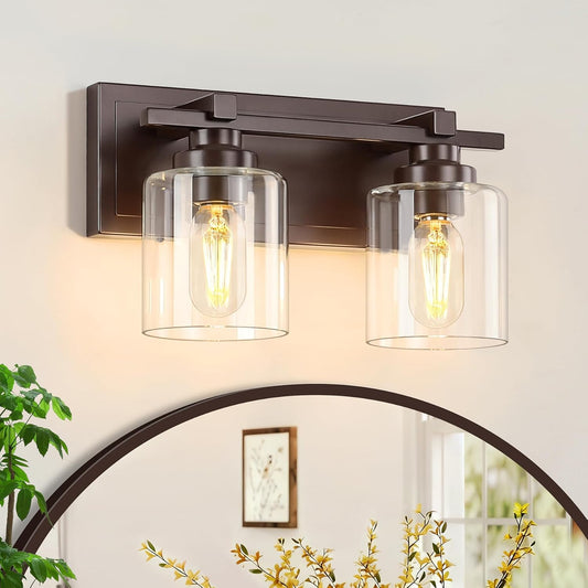 2 Light Modern Bathroom Light Fixtures Over Mirror, Bronze Finish Vanity Lights for Bathroom Wall Sconces with Clear Glass Shades, E26 Socket (Bulbs Not Included)