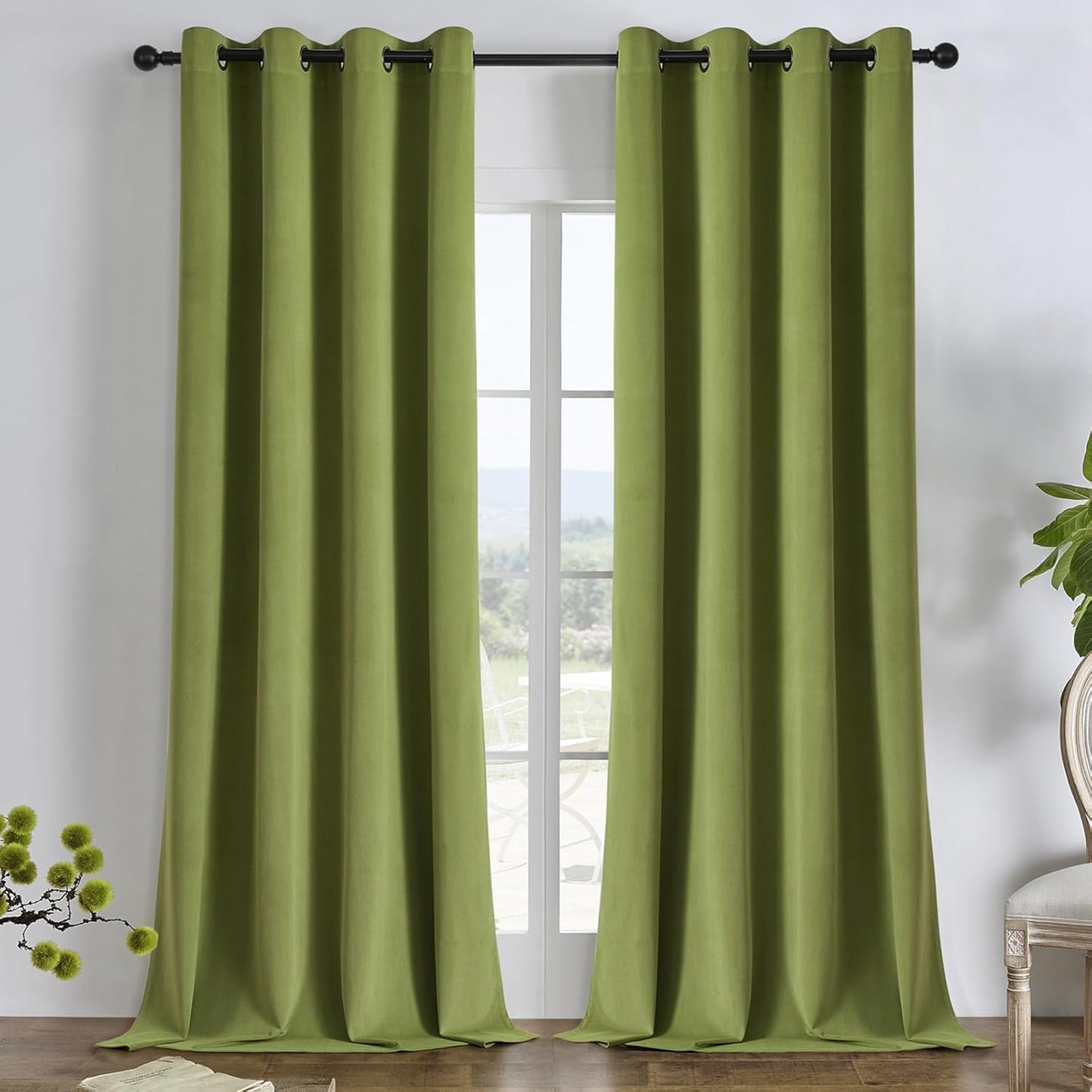 Joydeco Moss Green 100% Blackout Curtains 108 Inch 2 Panels, Luxury Thermal Green Velvet Curtains for Bedroom Living Room, Soundproof Blackout Window Drapes, Grommet Top (52W x 108L)