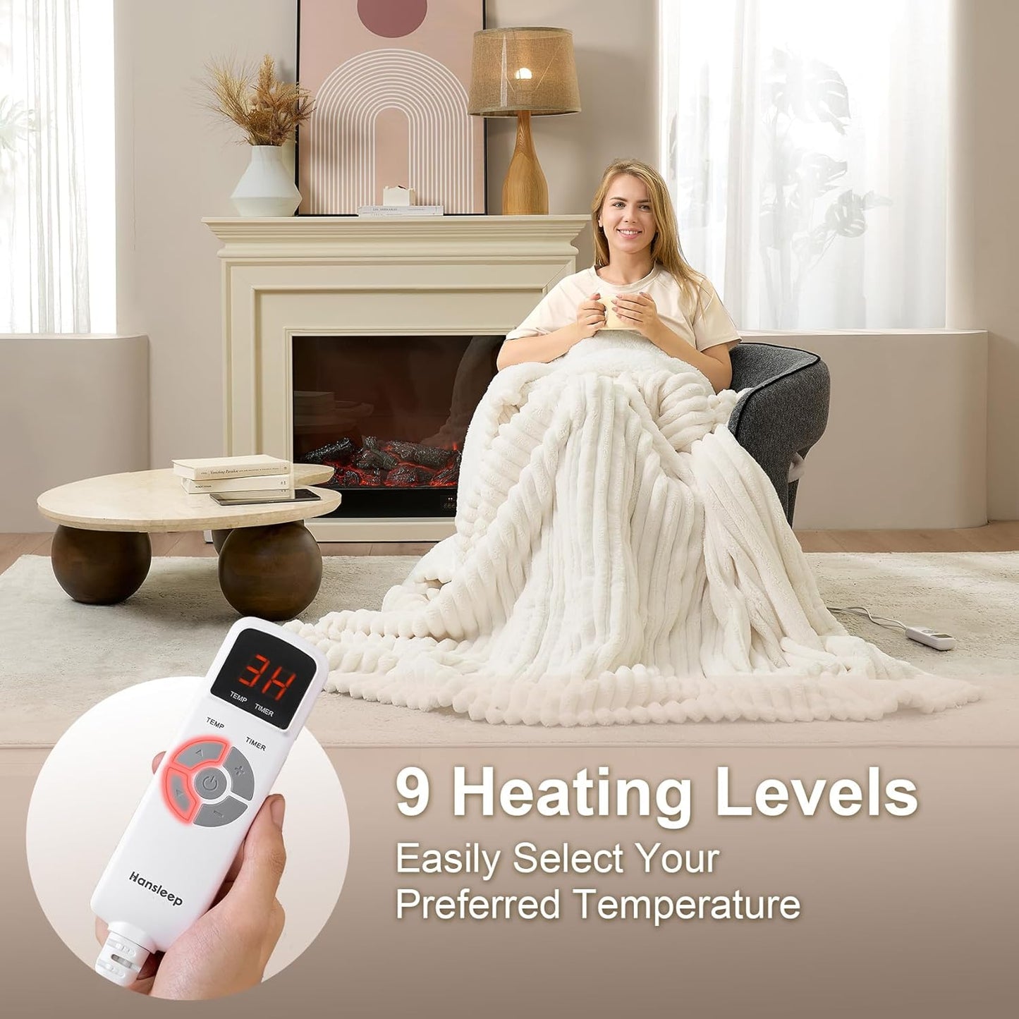 Hansleep Heated Blanket Electric Blanket Full Size, Heating Blanket with 9 Heating Levels and 10-Hour Timer Auto Shut Off, Washable Soft Warm Winter Blanket, 72 x 84 Inches, Beige