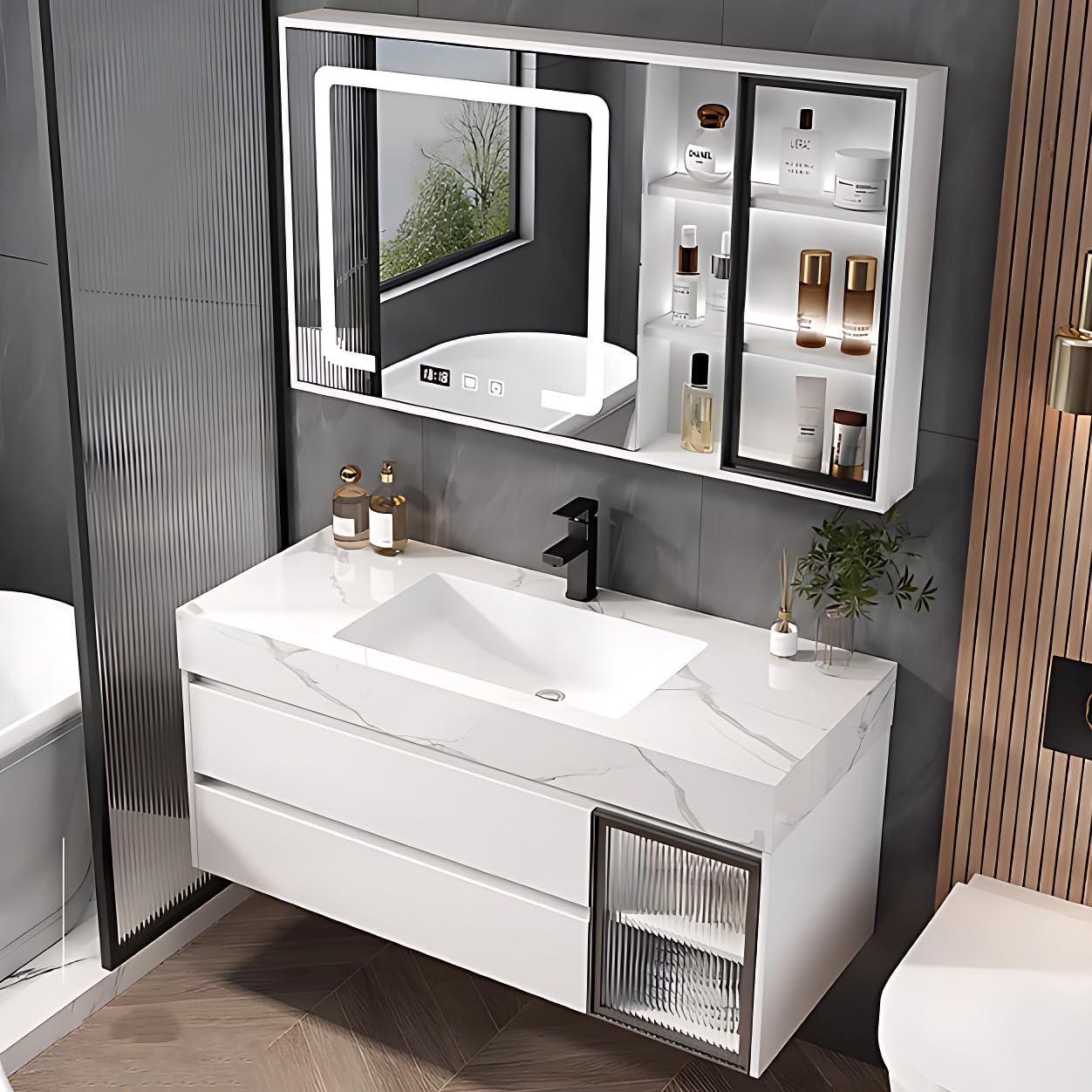 Modern Bathroom Vanity - Wall-Mounted Bathroom Storage & Bathroom Vanities with Sink, Wall Mounted, Defogging & Led Lighting | Bathroom Cabinets Slim
