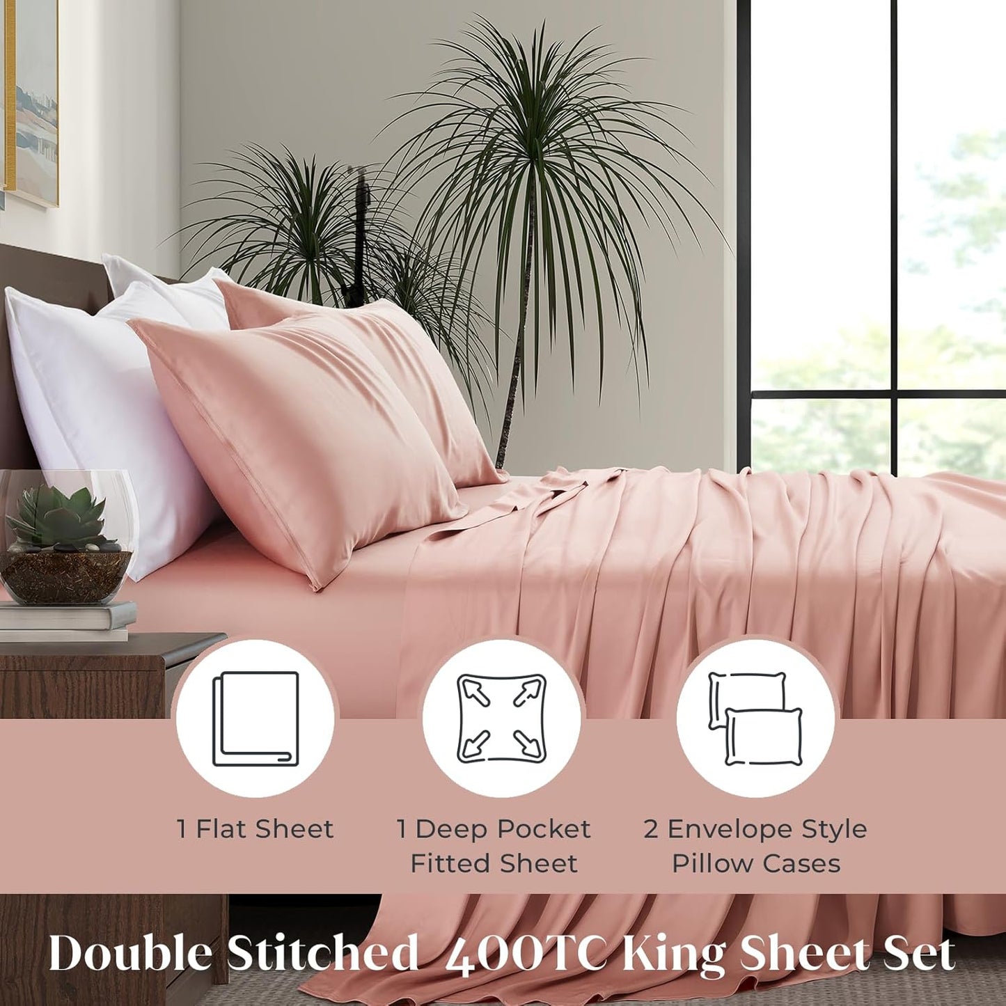Luxury Bamboo Market | King Size Bed Sheet Set | 100% Viscose Made from Bamboo | Organically Grown | Ultra Soft | Cooling Sheets for Hot Sleepers | 17" Deep Pocket [Rose Quartz]