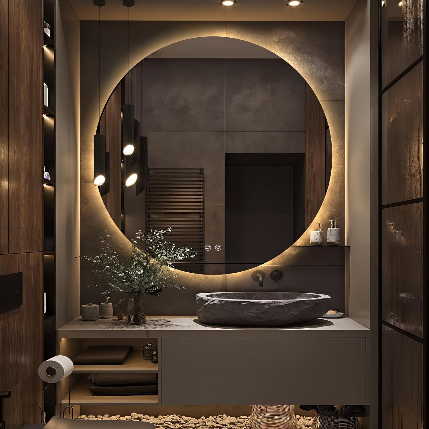 Round LED Mirror for Bathroom, 44" Circle Frameless Backlit Mirror with Lights, Wall Mounted Vanity Mirror, 3 Colors, Dimmable, Anti-Fog, IP65 Waterproof, Memory Function, UL Listed