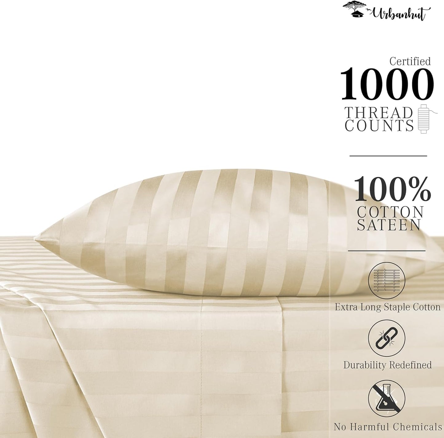 URBANHUT 1000 Thread Count Damask Striped Twin Size Egyptian Cotton Sheets, Long Staple Soft & Breathable, 4 Pc Bed Sheet Sets, Luxury Hotel Sateen Sheets Fits 16" Deep Pocket - Sand