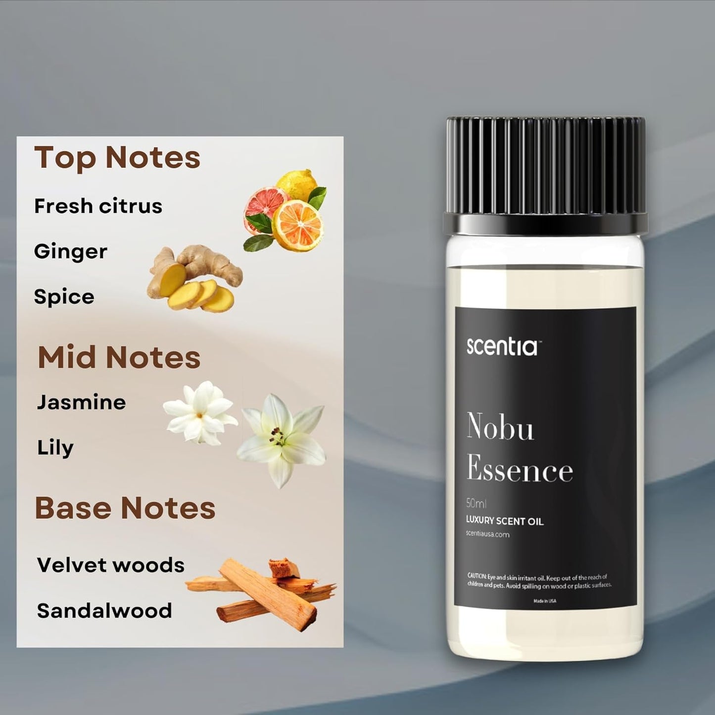 Scentia Hotel Diffuser Oil Inspired by The Nobu Hotel Scent - 50 mL 1.69 fl oz - Fragrance Oil Blend Jasmine, Lilly, Sandalwood & Fresh Citrus for Ultrasonic & Cold Diffusers - Nobu Essence