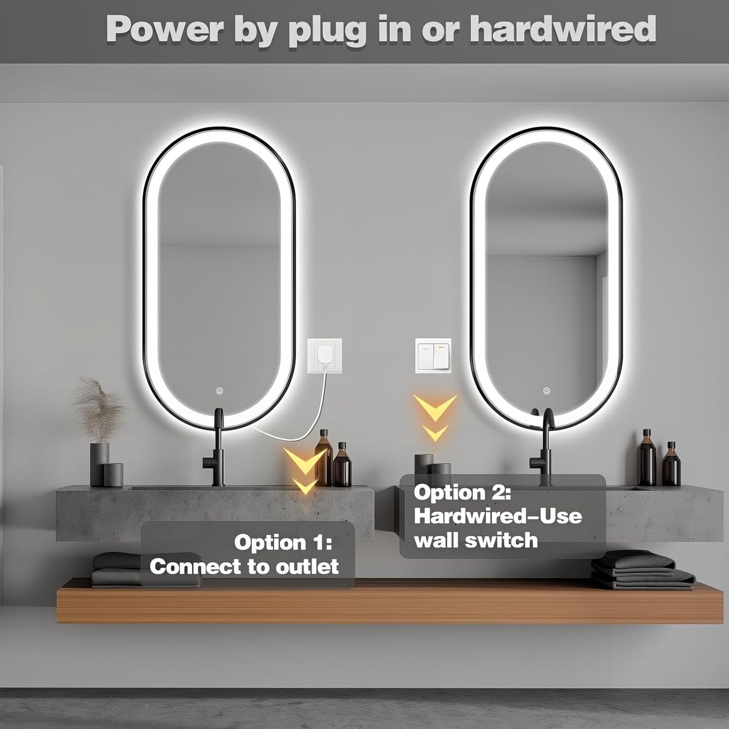 51" x 27" Oval LED Bathroom Mirror with Lights, Black Metal Framed Anti-Fog LED Vanity Mirror, Lighted Bathroom Mirrors Wall Mounted, Stepless Dimmable, Shatter-Proof, Horizontal/Vertical