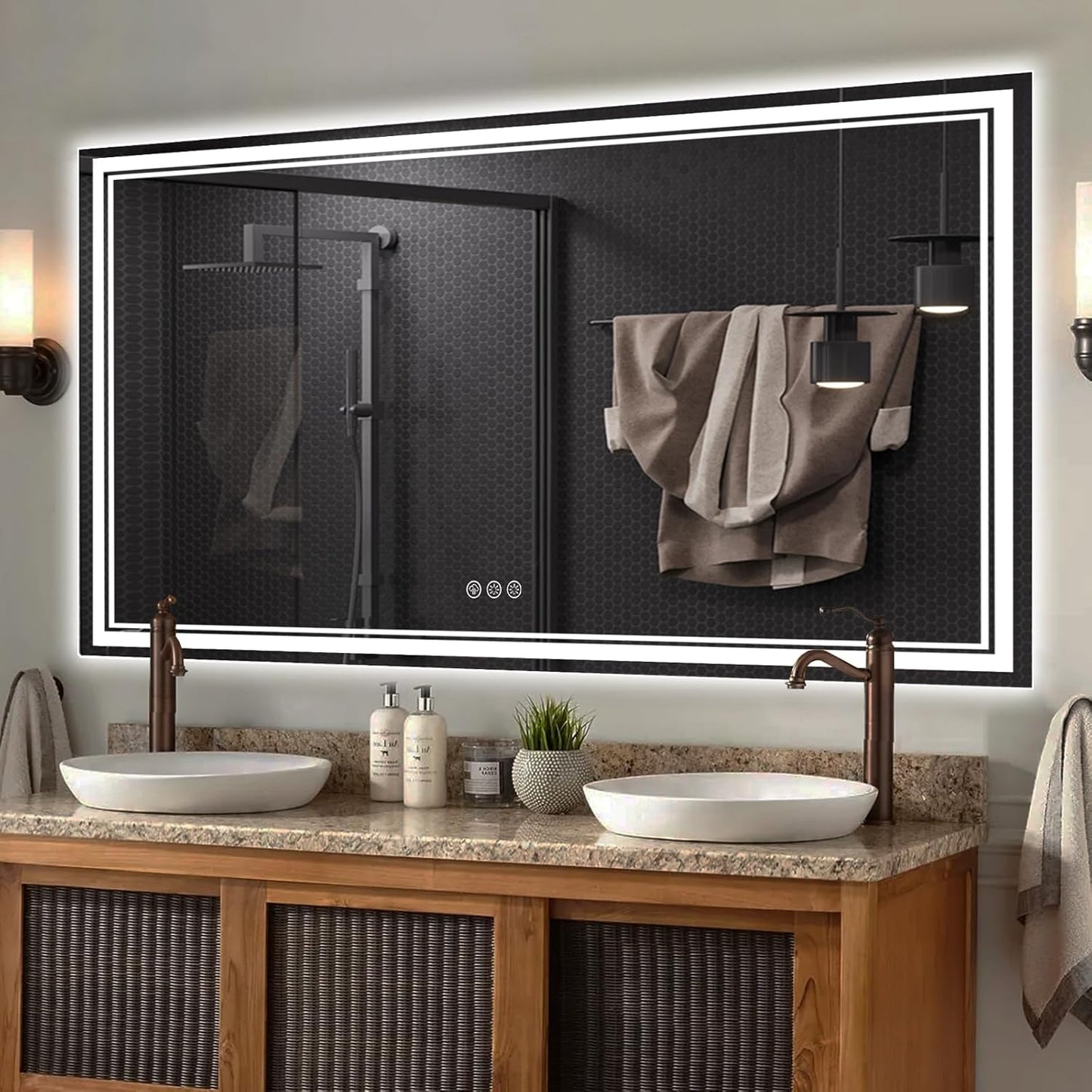 60x40 Inch LED Bathroom Mirror with Frontlit & Backlit（Independent Control）, Lighted Mirror for Bathroom Wall with 3-Color Dimmable & Anti-Fog, Vanity Mirror with Lights