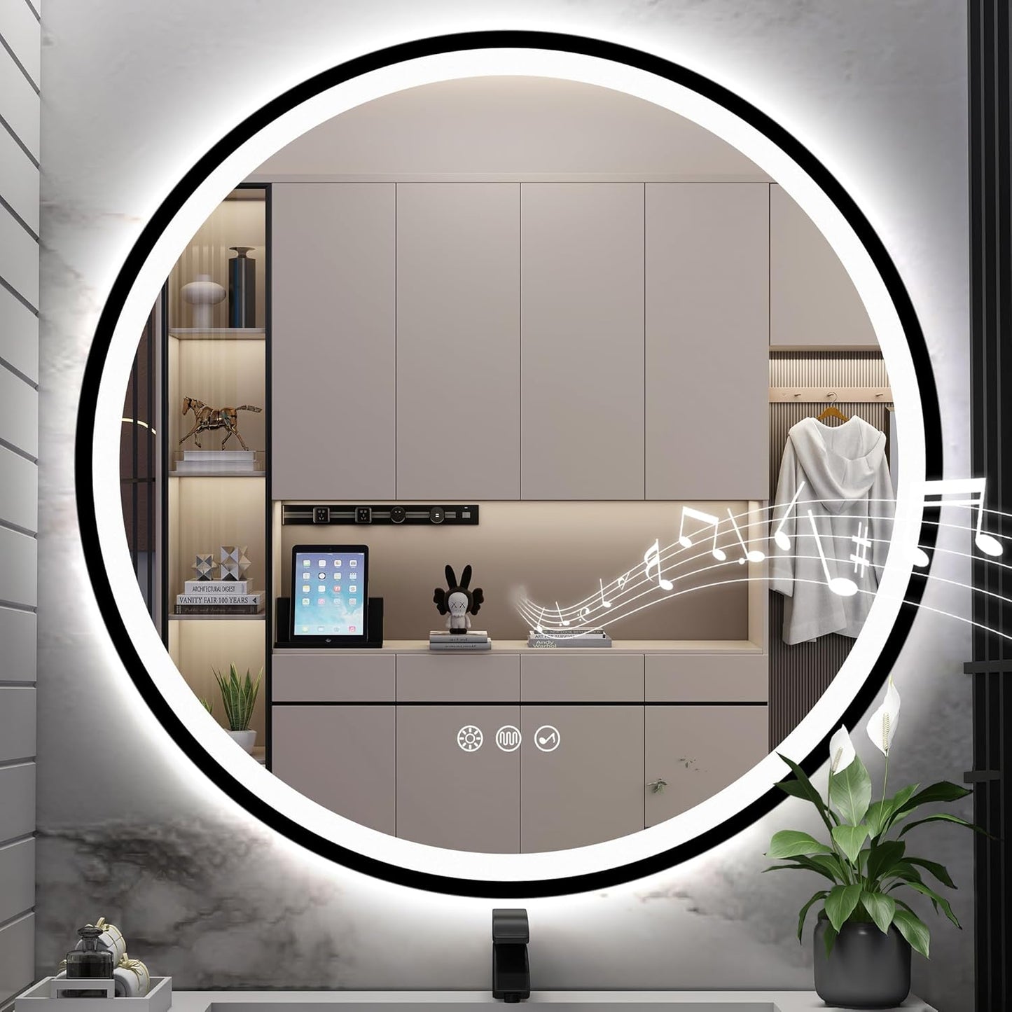 S·BAGNO 36’’ Round Led Bathroom Mirror with Lights, Bathroom Vanity Wall Mirror with Buletooth, Anti-Fog, Stepless Dimmable, 3 Colors, Tempered Glass Lighted Makeup Mirror for Bathroom