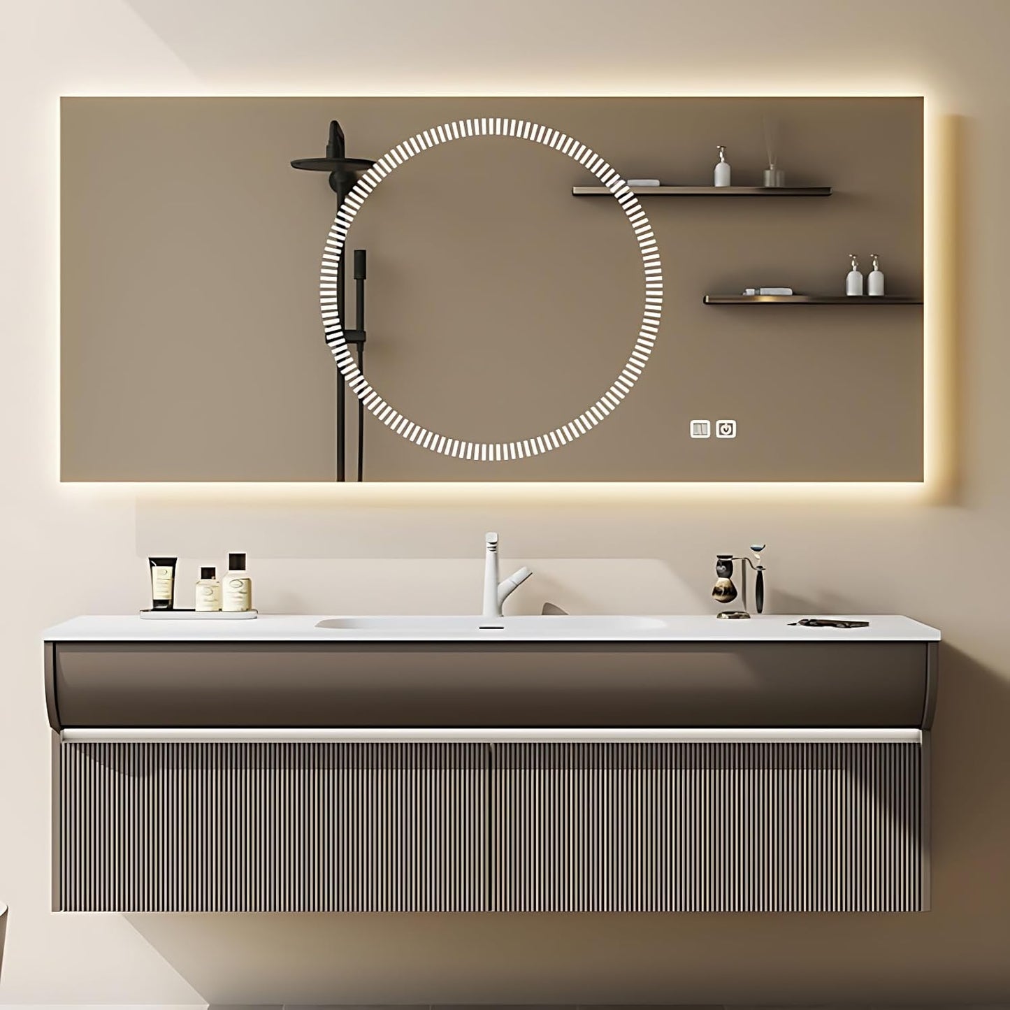 Solid Wood Bathroom Vanity Set - Wall Mounted Bathroom Cabinet with Light, Mirror with Light & Defog, Exquisite Accessories (Mirror Style, 48'')