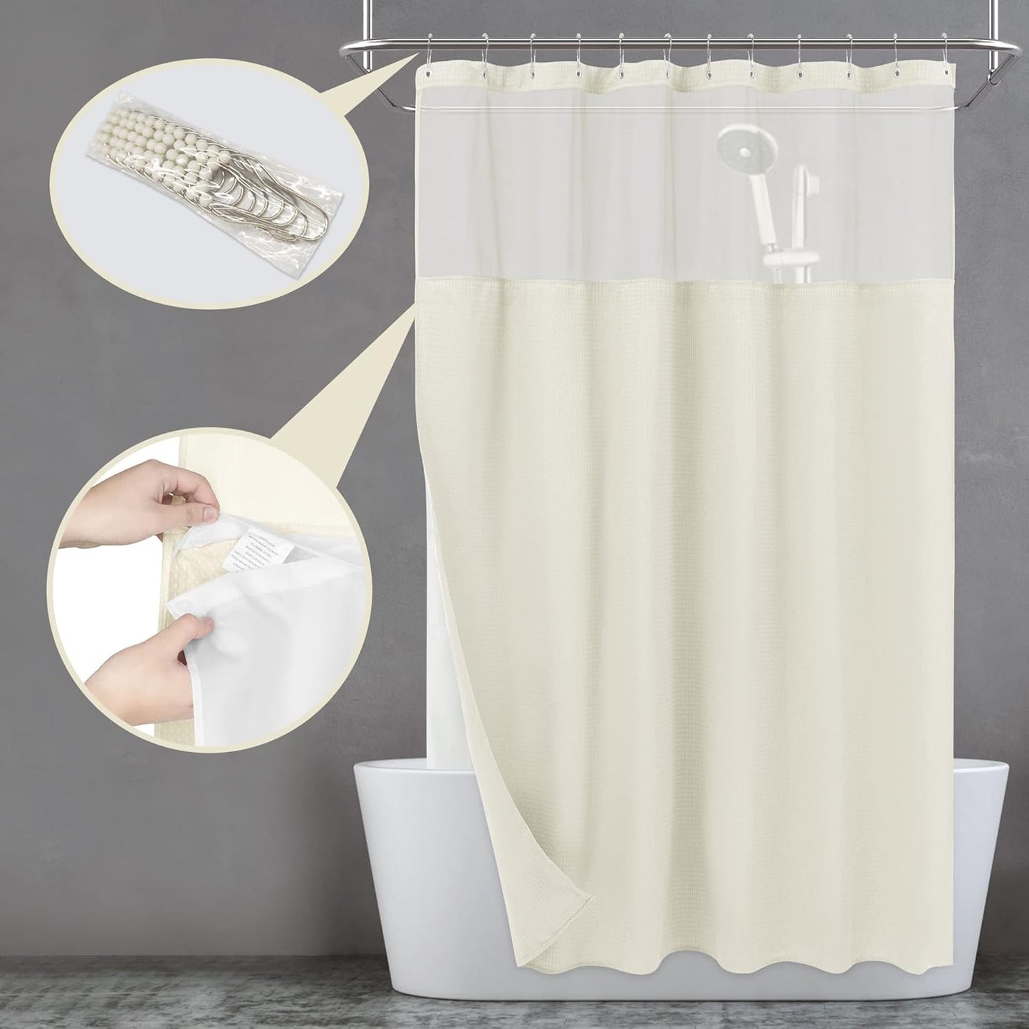 N&Y HOME Waffle Weave Shower Curtain with Snap-in Fabric Liner & Hooks Set - Hotel Style Cream Shower Curtain for Bathroom, Water-Repellent & Washable, Mesh Top Window - 71x72, Cream