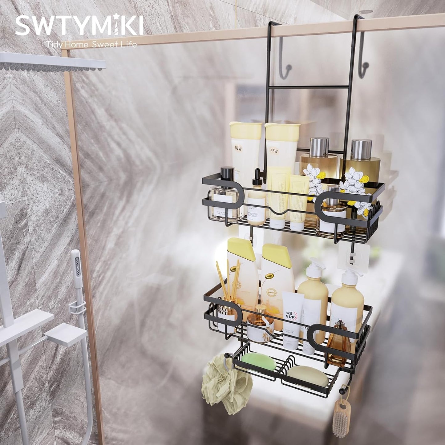 SWTYMIKI Over The Door Shower Caddy With Double Soap Holder, Hanging Shower Caddy With 16 Hooks, No Drilling Hanging Shower Organizer Over Door To Organize Bathroom Essentials, Black