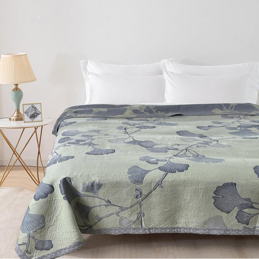 Ginkgo Leaf Quilt Queen Size Green Gray Reversible Cotton Bedspread Coverlet for All Seasons Lightweight Muslin Quilt Throw Blanket for Bed, Couch(Queen)