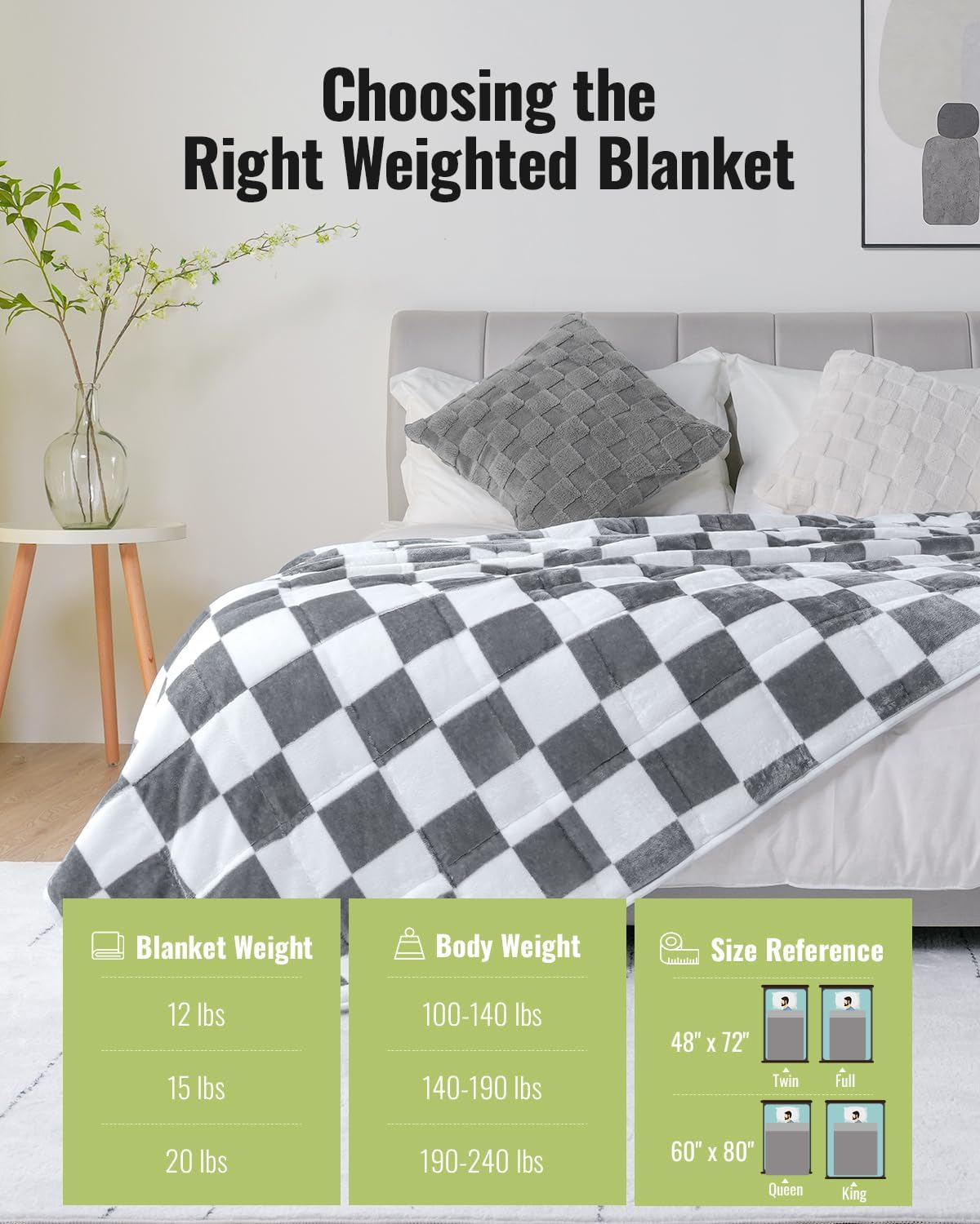 Uttermara Weighted Blanket Queen Size(15lbs, 60" x 80", Plaid Grey), Double Side Premium Soft Flannel Fleece Weighted Throw Blanket, Reversible Checkerboard Print Heavy Blanket for Adults Couch Bed