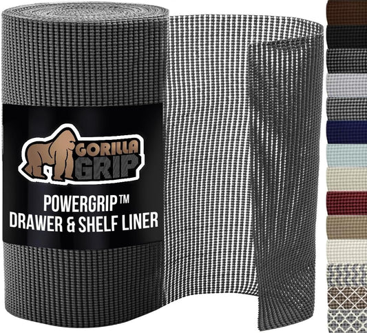 GORILLA GRIP powerGRIP Drawer Shelf and Cabinet Liner, Thick Strong Hold, Non-Adhesive Liners Protect Kitchen Cabinets and Cupboard, Bathroom Drawers, Easy Install, Breathable Mat, 20" x10', Charcoal