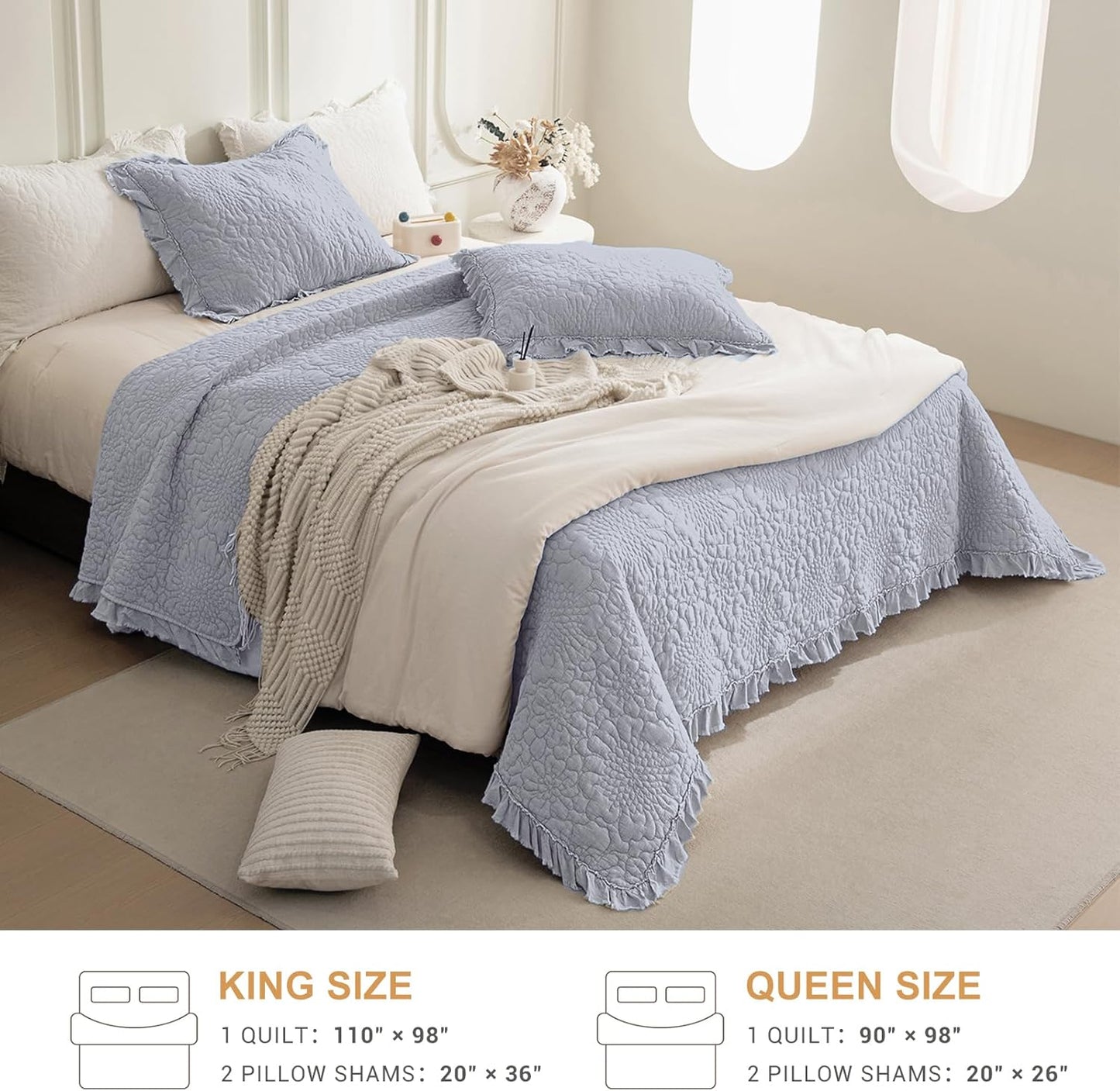 QSH 3PCs Cornflower Blue Ruffled Quilt Queen Size (90"x98"), Stonewashed Cotton Quilt Set, Soft Lightweight Crinkled Bedspread Coverlet Queen Shabby Farmhouse Chic Bedspreads Bed Set with Pillow Sham