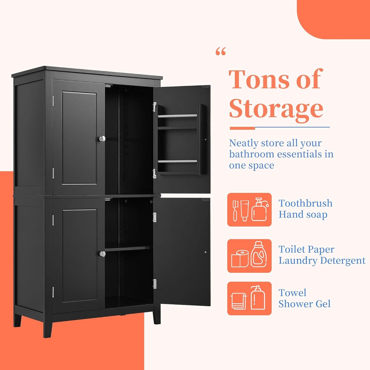 Freestanding Storage Cabinet with 4 Doors,Elegant Organizer Unit with Adjustable Shelves, Sturdy MDF Frame, Anti-Tipping Design, Large Capacity for Bathroom, Kitchen, Office, Home, Black