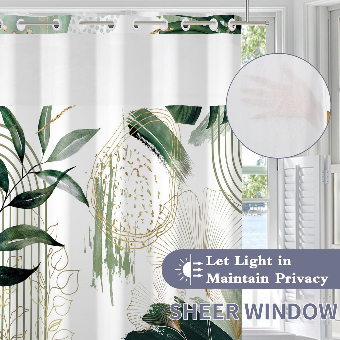 Boho Shower Curtain No Hooks with Snap in Fabric Liner Set,Modern Boho Shower Curtains Hotel Bathroom Decor,with See Through Top Window,Green Botanical Sage Fabric Waterproof Shower Curtain,71W x 74H