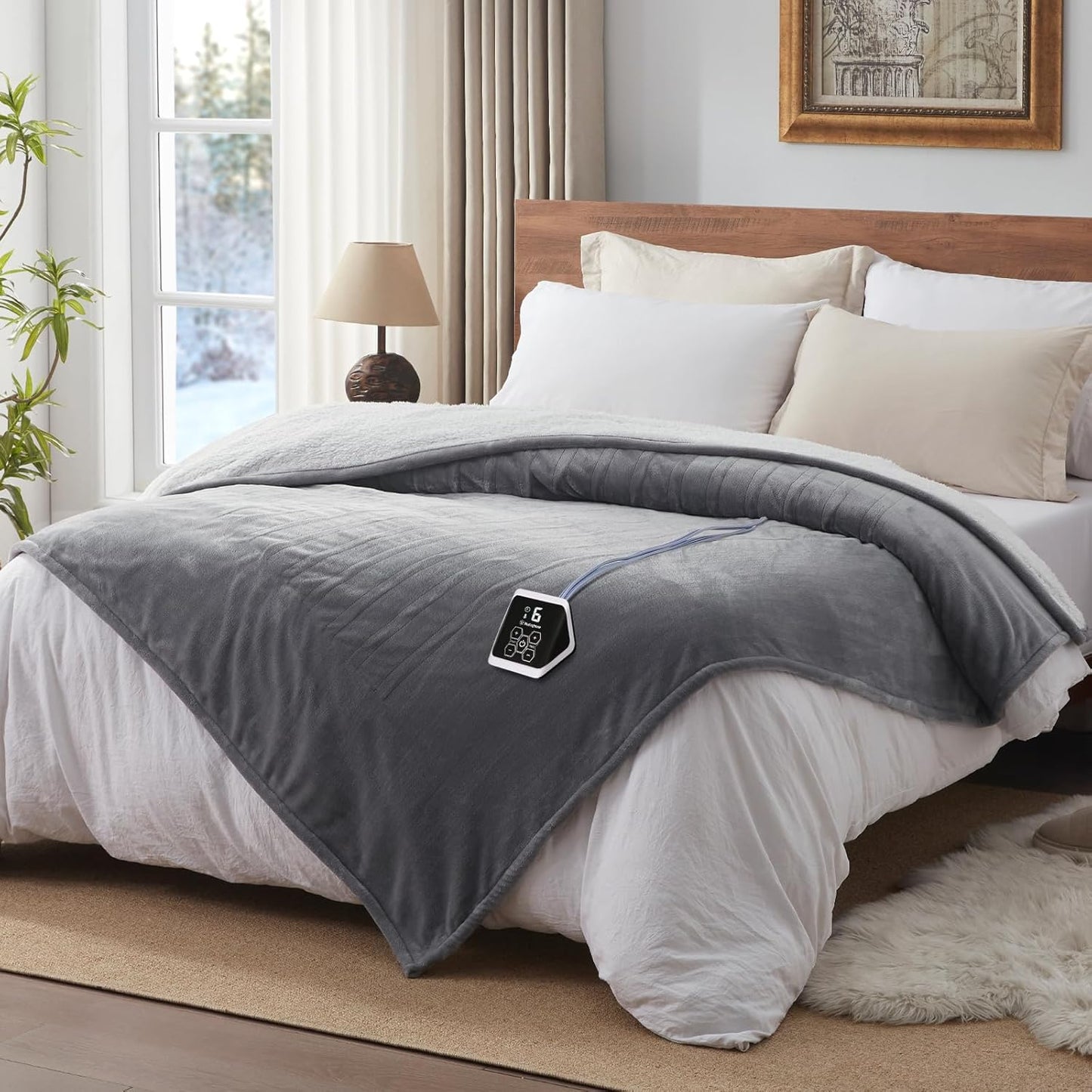 Westinghouse Heated Blanket Twin Size, Soft Flannel to Sherpa Electric Blanket with 10 Heating Levels, 12 Hours Auto Off, Fast Heating, Machine Washable, 62x84 Inch, Light Grey