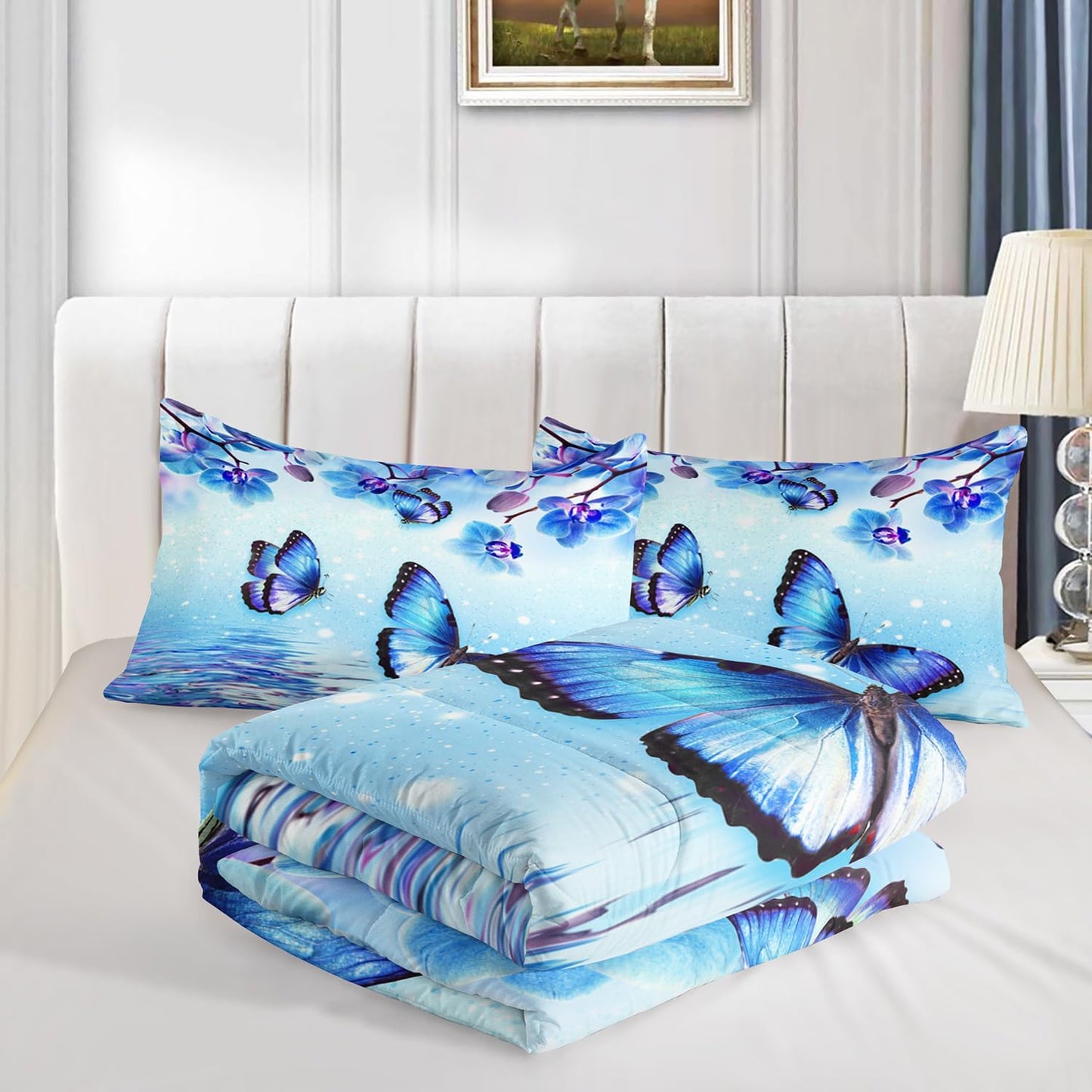 Fantasy Blue Themed Aesthetic Bedding Twin Comforter Set,Butterflies on Water with Falling Flowers Comforter Sets for Kids Girls Boys,Pretty Butterfly Pattern Bedding Sets with 2 Pillowcases.