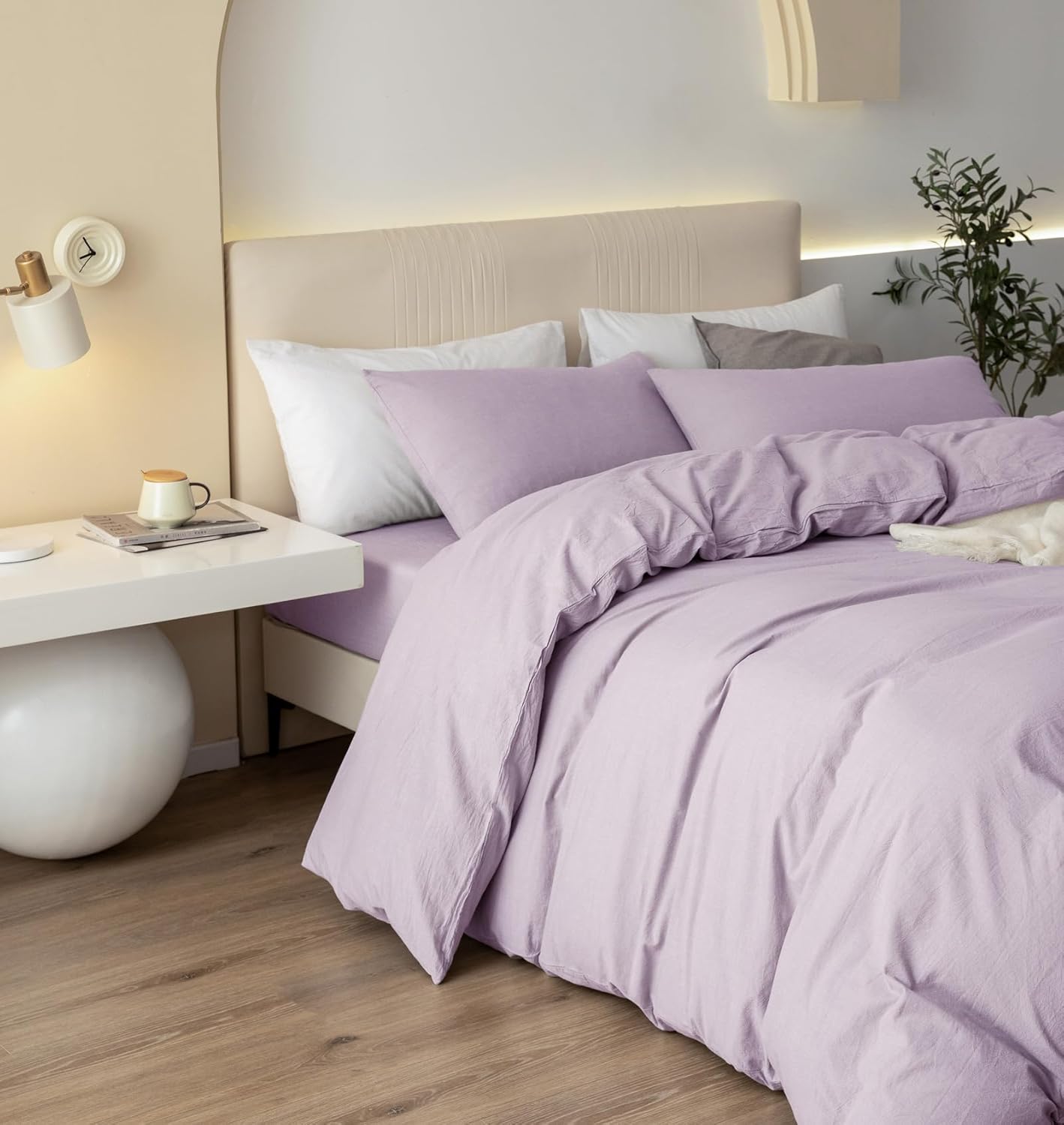 JIYUAN 100% Washed Cotton Duvet Cover Set 3 Pieces Oversized King, 1 Duvet Cover 120x98 Inches(Comforter Not Included) and 2 Pillowcases,Linen Like Comfy and Breathable,Heathered Light Purple