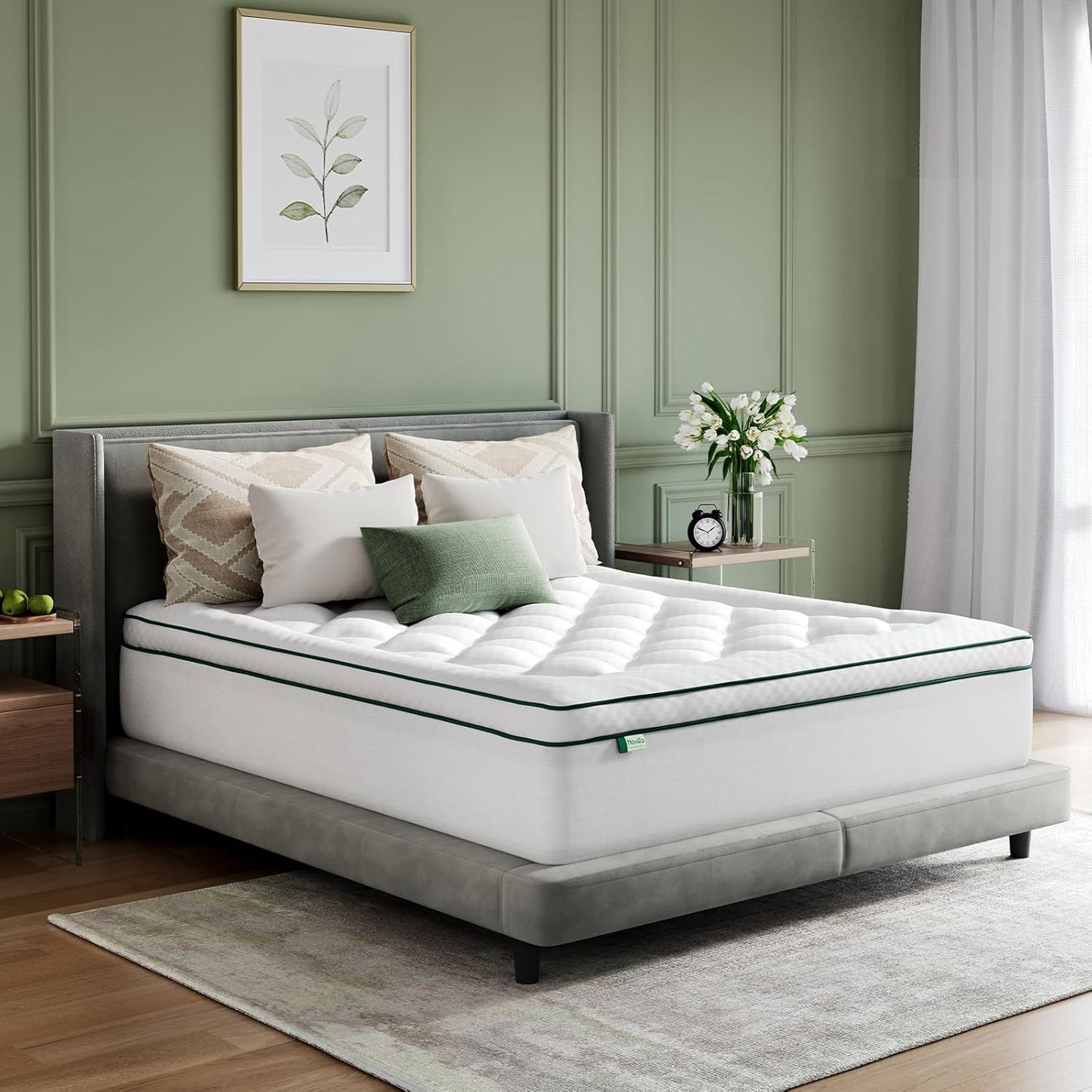 Novilla California King Mattress Topper, Extra Thick Pillow Top Mattress Pad with Down Alternative, Breathable Mattress Cover with for 8-21", Machine Washable Fitted Mattress Protector – Green-White
