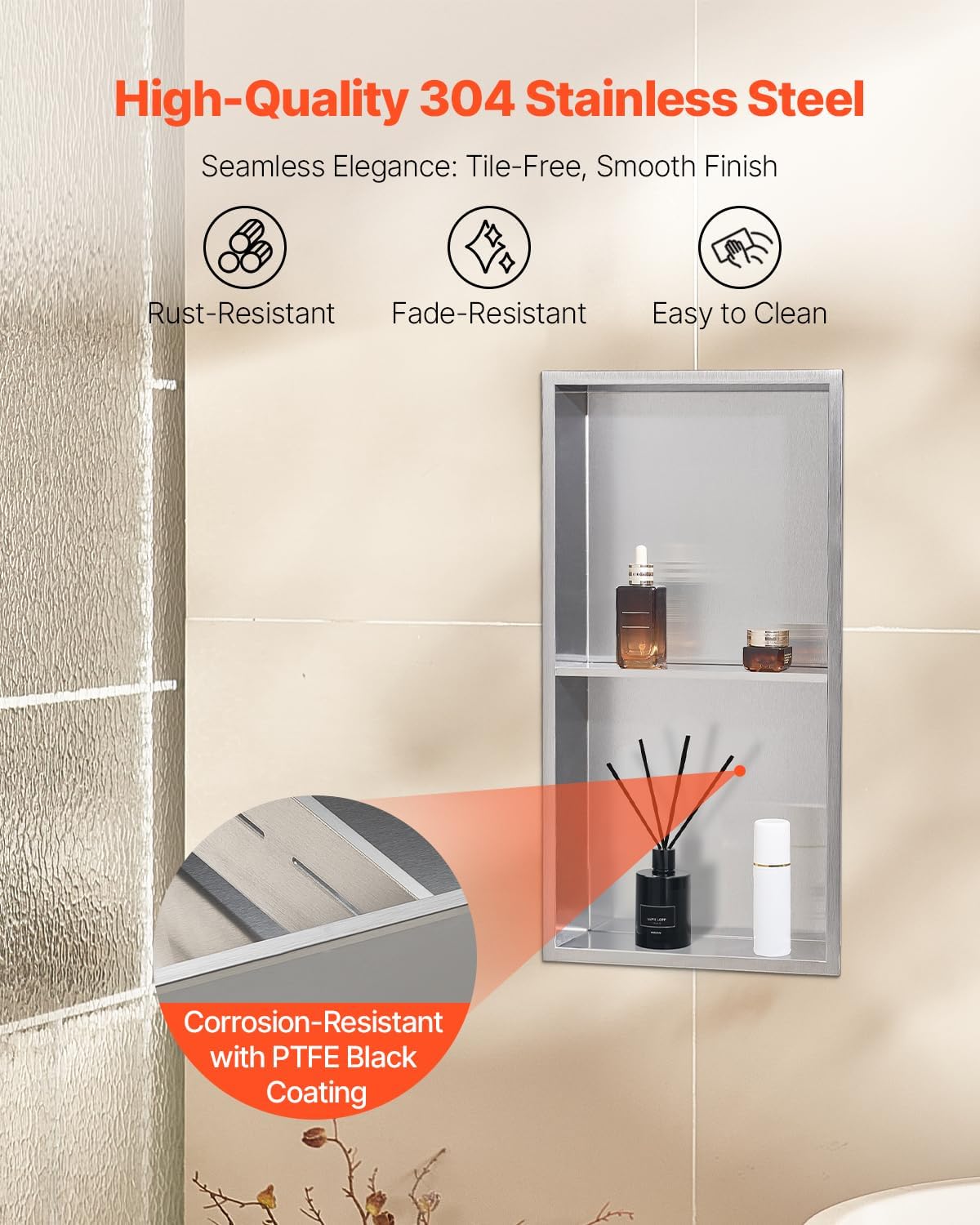 VEVOR Shower Niche, 13 x 25 x 4 inch Recessed Wall Niche Double-layer, with Hollowed-out Divider,Heavy-duty Stainless Steel Modern Shampoo Storage Organizer,Waterproof, Silver for Bathroom