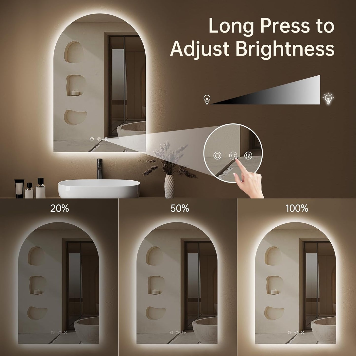 Arched Backlit Mirror Bathroom 24"x36"- Frameless LED Bathroom Mirror with Lights, Fogless, Dimmable, 3 Color Changing, Shatterproof, Touch Sensor
