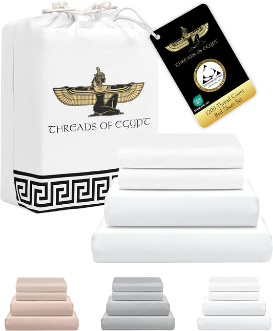 100% Egyptian Cotton Sheets Split King Size | 1200 Thread Count | CEA Gold Seal Certified | Ultra Soft | Cooling for Hot Sleepers | 18" Deep Pocket | Split King Size [White]