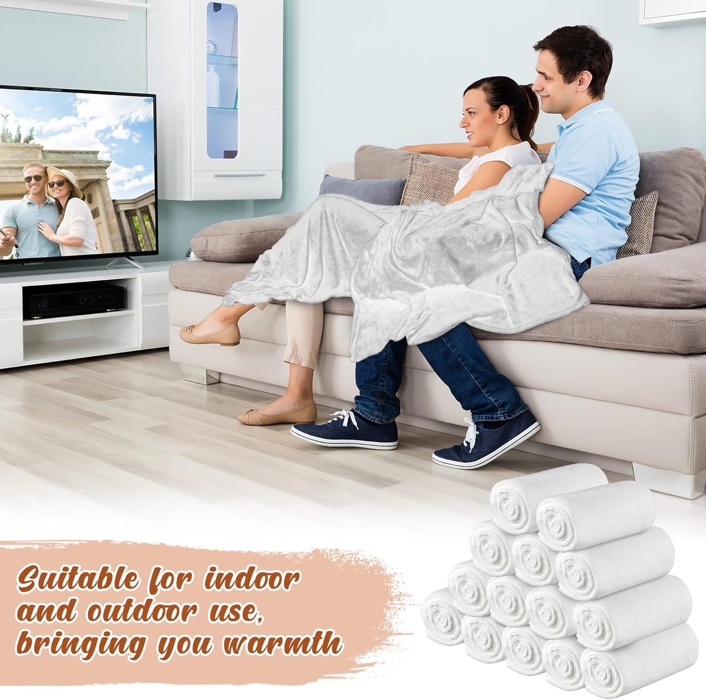 18 Pieces Fleece Blankets Bulk for Wedding 50 x 60 Inch Soft Lightweight Flannel Throw Blankets Bulk for Wedding Guests Home Outdoor Couch Sofa Bed Gifts(Cream White)