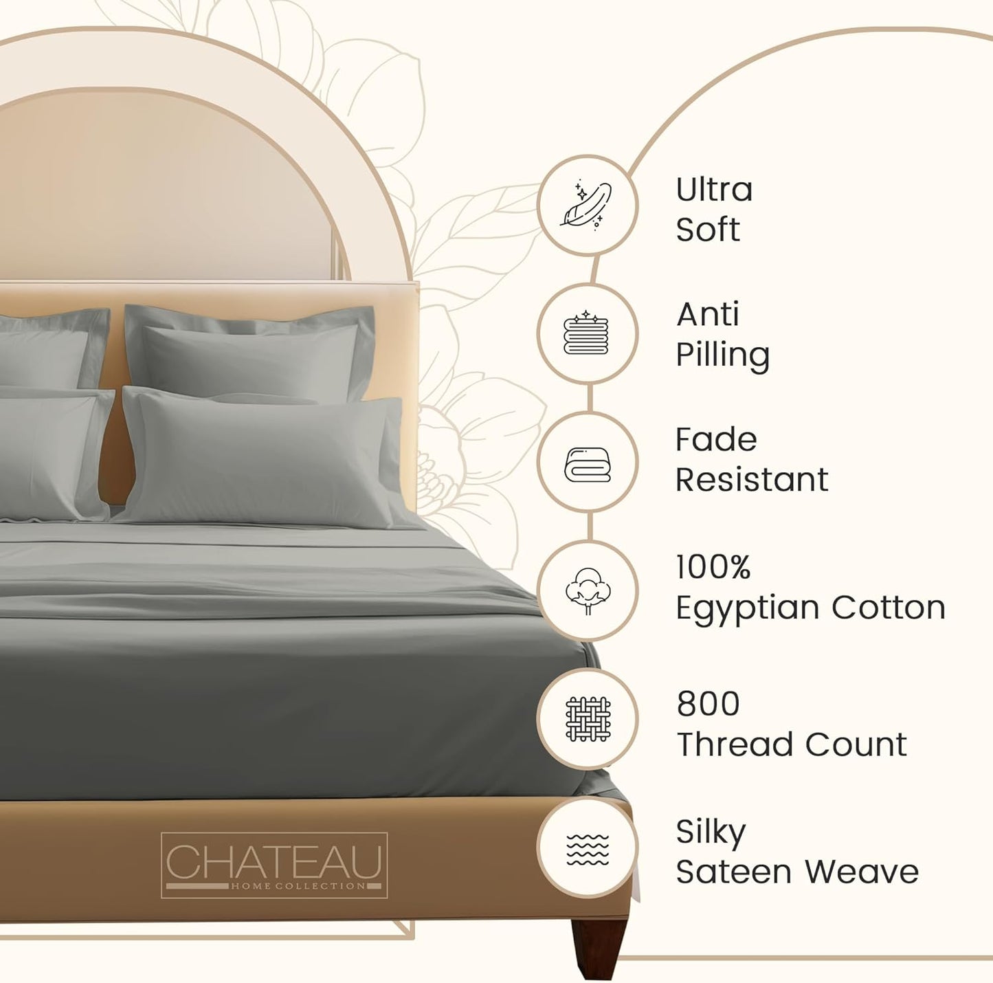 Egyptian Cotton Sheets Queen Size Bed Set Deep Pockets, 800 TC Cotton Queen Sheet Set, Soft Breathable Sateen Weave Elasticated Sheet & Pillowcase Sets, No Pill & Shrink, Machine washable- Silver
