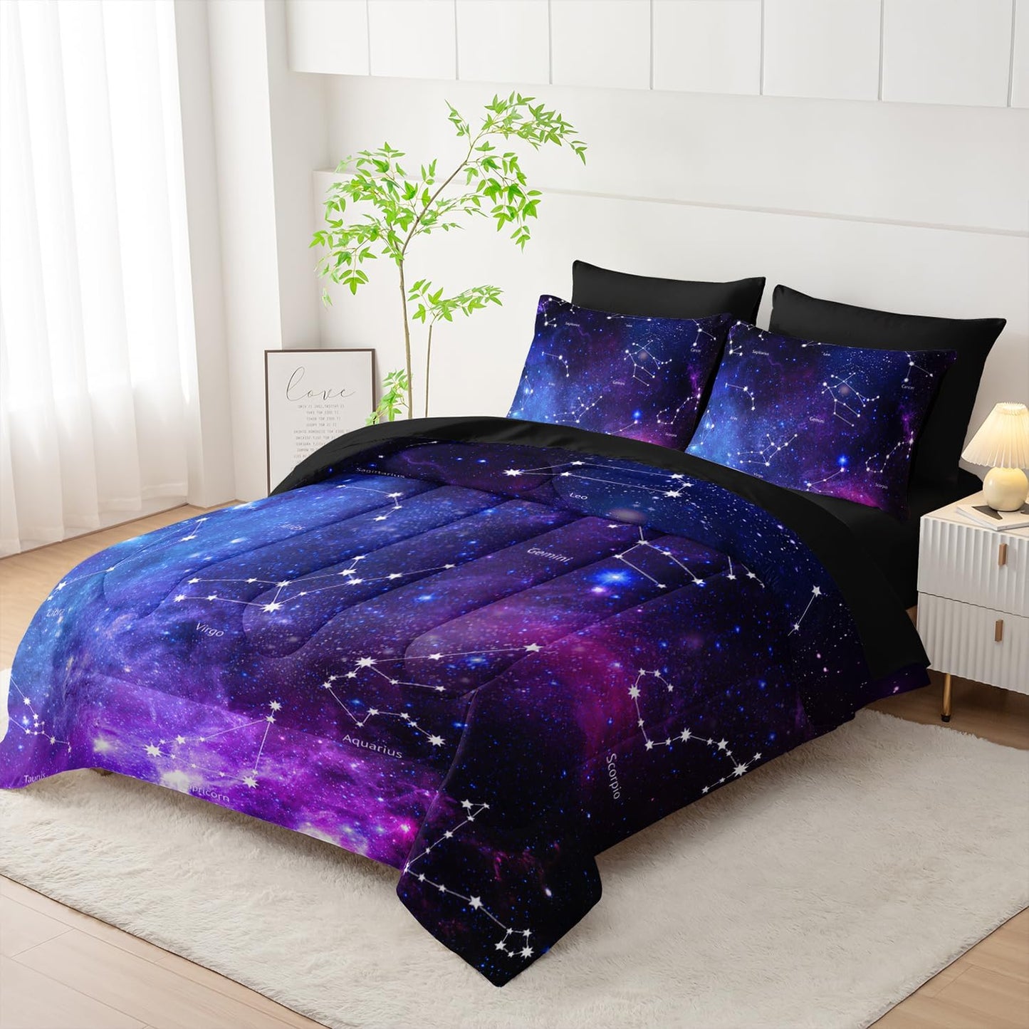 7pc Space Comforter Set - Galaxy Bedding, Starry Night Bed in a Bag, Includes Sheets, Soft Microfiber, All Season, Twin Size