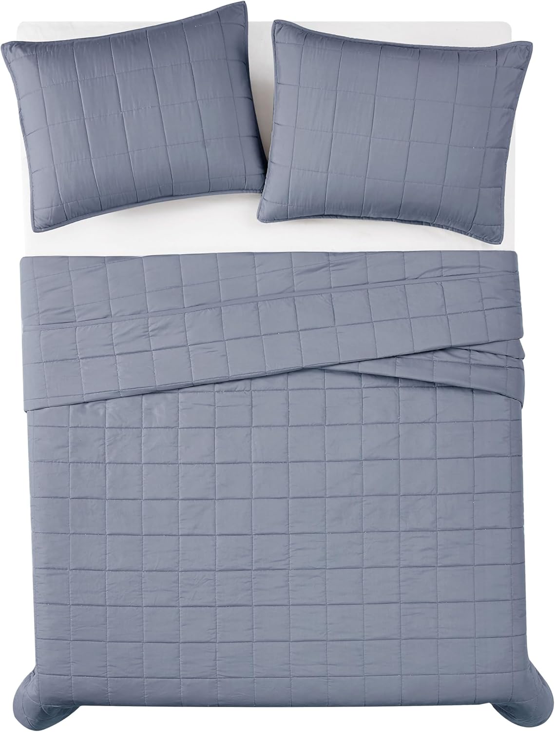 LONDON FOG Garment Washed Solid Quilt Set Blue Microfiber 3-Piece King Quilt Set, Solid Themed, Adult and Teen, Oeko-TEX Certified