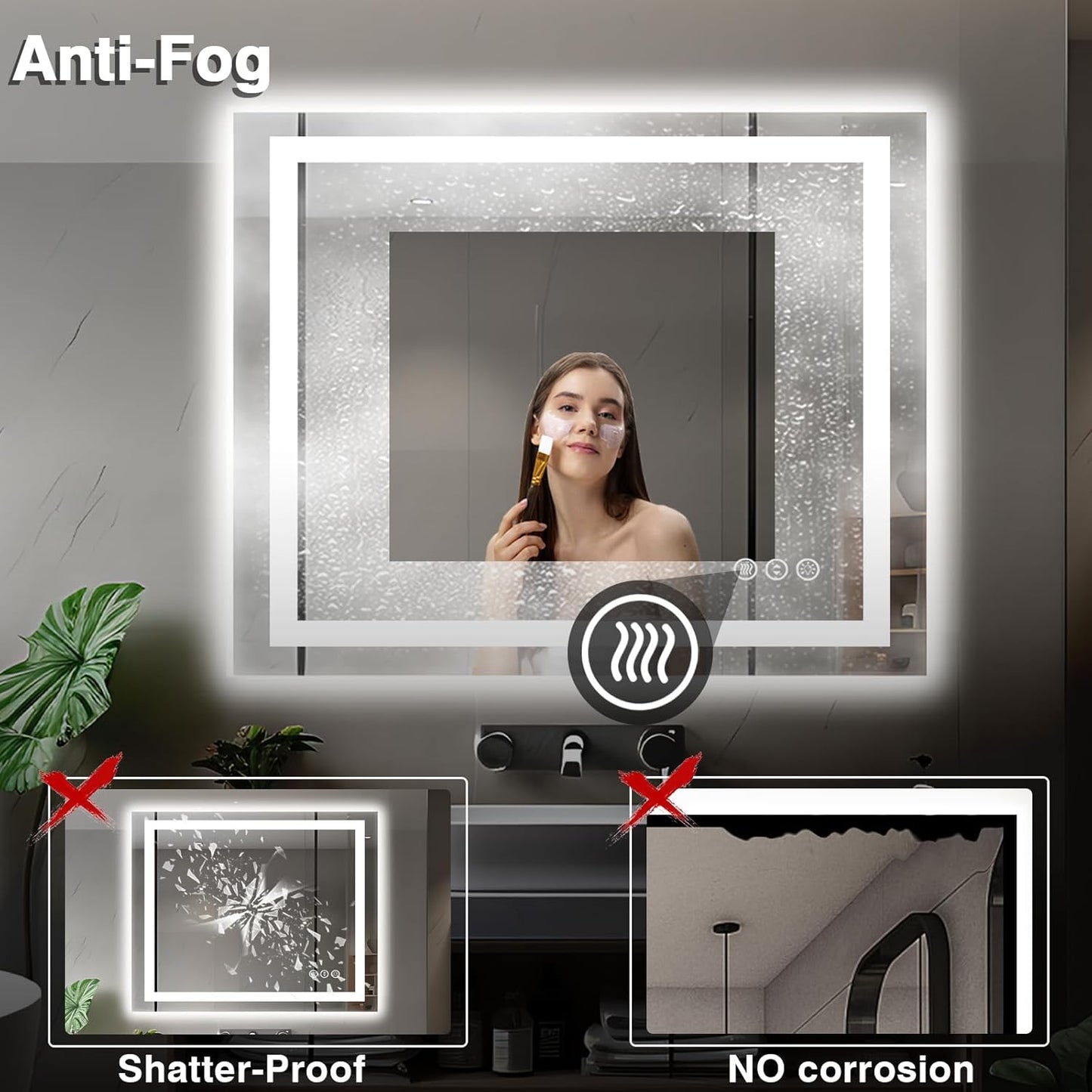 40"x36" LED Bathroom Vanity Mirrors with Front Light and Backlit, Anti-Fog Vanity Mirror with Lights, Stepless Dimmable Lighted Mirror, 3 Colors Smart Mirror (Horizontal/Vertical)