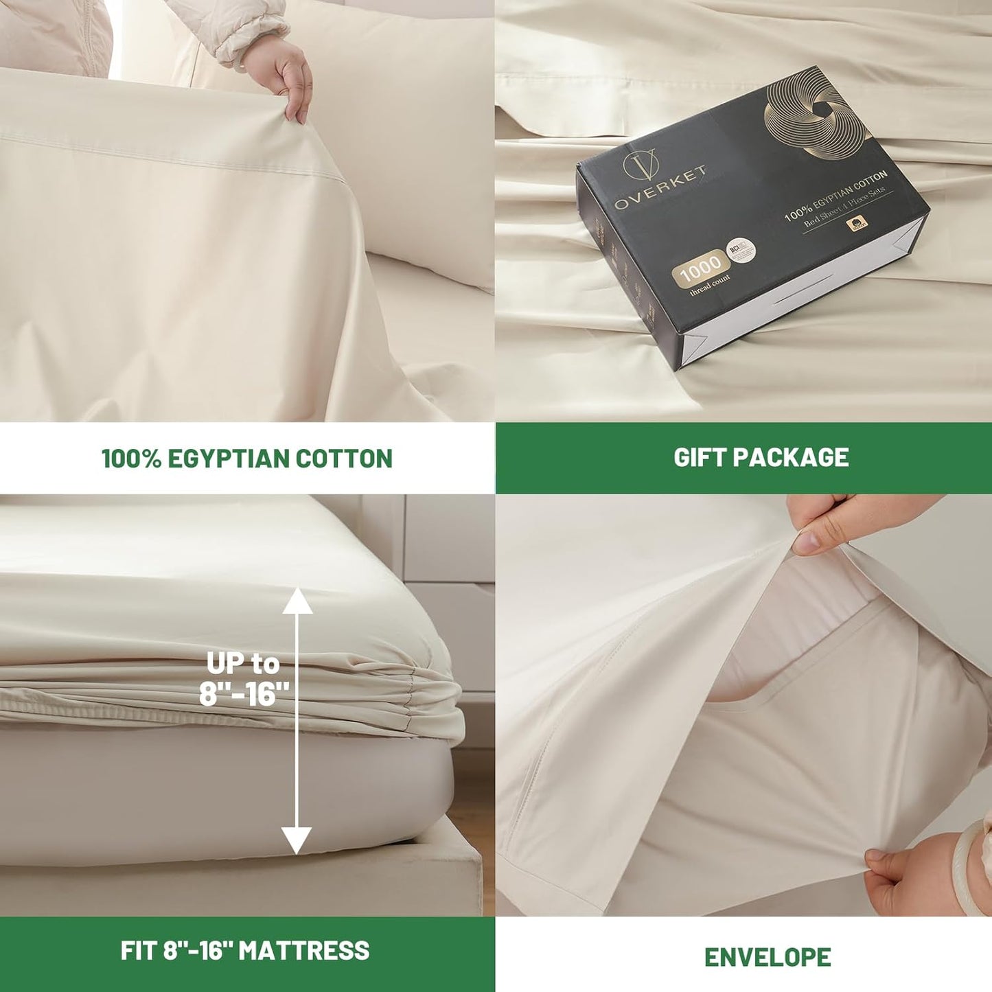 1000 Thread Count Egyptian Cotton Sheets Queen Size Set Sateen Weave Soft Breathable 16-Inch Deep Pocket 4PCS（Queen,Linen）