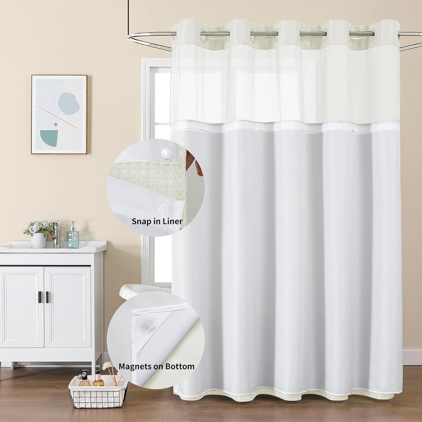 Colorful Star No Hook Shower Curtain with Snap in Fabric Liner, Waffle Weave Heavy Duty Thick Shower Curtains with Mesh Top Window, Hotel Style Waterproof Bathroom Curtain Set, 72 x 75 Inch, Ivory