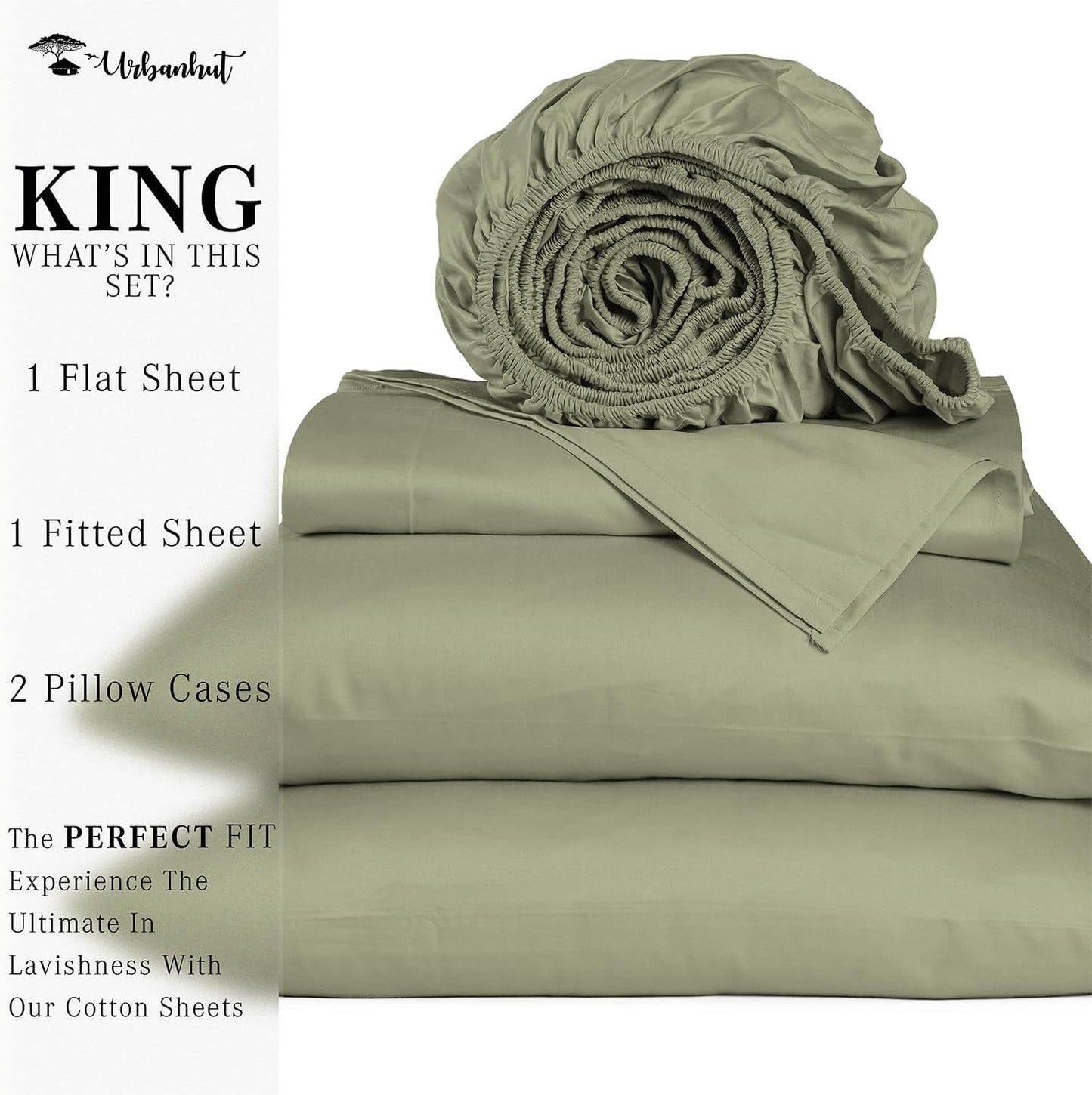 URBANHUT 1000 Thread Count King Size Egyptian Cotton Sheets, Long Staple Soft & Breathable, 4 Pc Bed Sheet Sets for King Size Bed, Luxury Hotel Sateen Sheets Fits 16" Deep Pocket - Sage