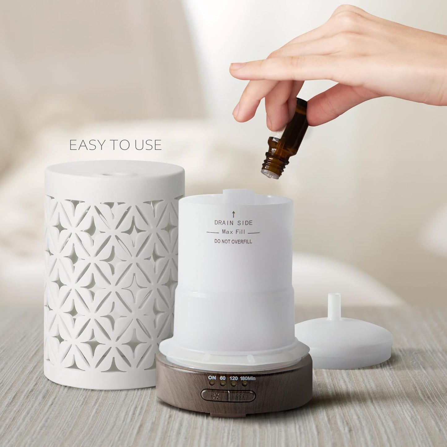 Earnest Living Essential Oil Diffuser for Home White Ceramic 100ml Aromatherapy Diffuser with 4 Timers 7 Night Lights and Auto Off Function (no Beep!) for Essential Oils Version 2