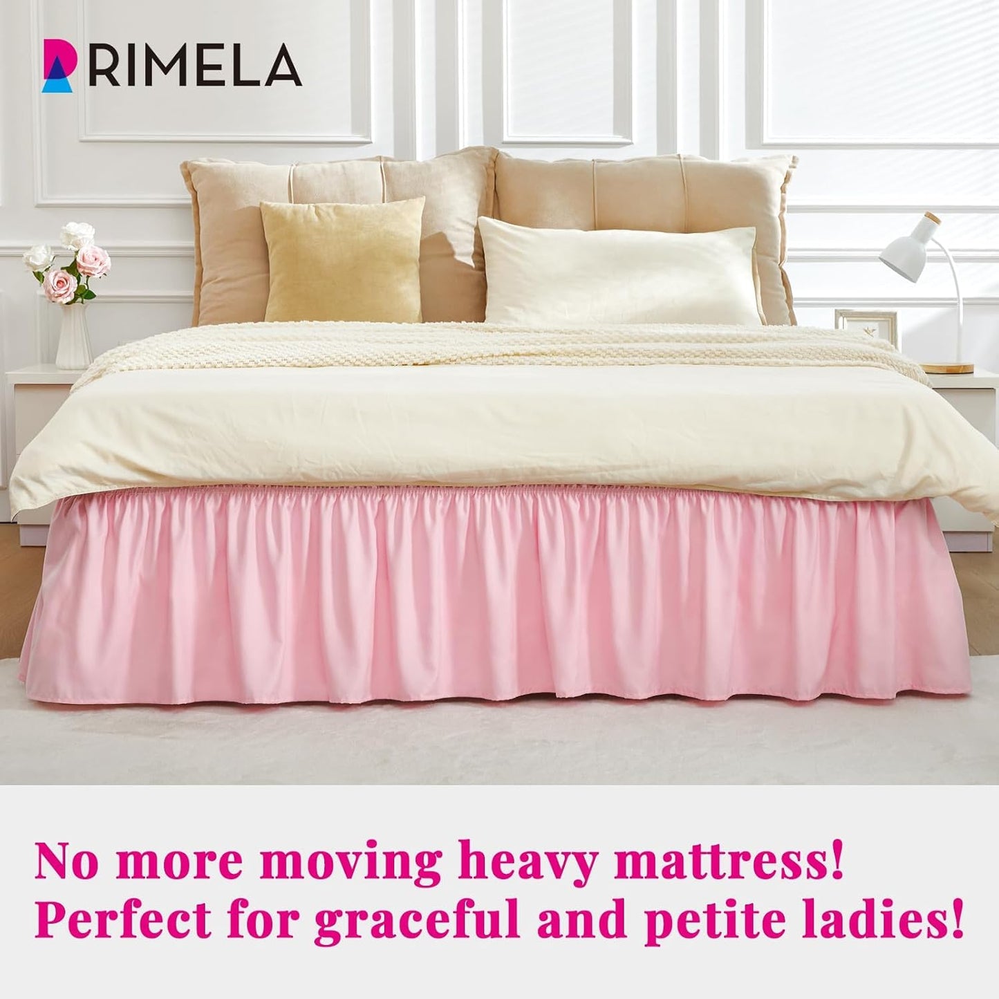 RIMELA Bed Skirt Full Size 15 Inch Drop, Elastic Bed Skirting for Adjustable Bed Base and Frame, Bedding Dust Ruffle Easy to Install, Hotel Quality Wrap Around Bedskirt (Pink)